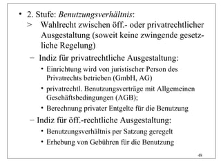 • 2. Stufe: Benutzungsverhältnis:
  > Wahlrecht zwischen öff.- oder privatrechtlicher
      Ausgestaltung (soweit keine zwingende gesetz-
      liche Regelung)
   – Indiz für privatrechtliche Ausgestaltung:
      • Einrichtung wird von juristischer Person des
        Privatrechts betrieben (GmbH, AG)
      • privatrechtl. Benutzungsverträge mit Allgemeinen
        Geschäftsbedingungen (AGB);
      • Berechnung privater Entgelte für die Benutzung
   – Indiz für öff.-rechtliche Ausgestaltung:
      • Benutzungsverhältnis per Satzung geregelt
      • Erhebung von Gebühren für die Benutzung
                                                           48
 