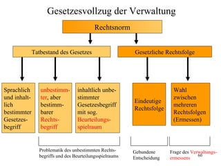 Gesetzesvollzug der Verwaltung
                                           Rechtsnorm


              Tatbestand des Gesetzes                     Gesetzliche Rechtsfolge




Sprachlich       unbestimm-       inhaltlich unbe-                        Wahl
und inhalt-      ter, aber        stimmter                                zwischen
                                                          Eindeutige
lich             bestimm-         Gesetzesbegriff                         mehreren
                                                          Rechtsfolge
bestimmter       barer            mit sog.                                Rechtsfolgen
Gesetzes-        Rechts-          Beurteilungs-                           (Ermessen)
begriff          begriff          spielraum


                Problematik des unbestimmten Rechts-      Gebundene      Frage des Verwaltungs-
                begriffs und des Beurteilungsspielraums                               60
                                                          Entscheidung   ermessens
 