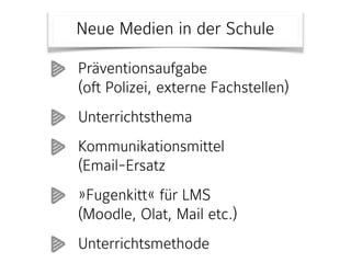 Neue Medien in der Schule
Präventionsaufgabe  
(oft Polizei, externe Fachstellen)
Unterrichtsthema
Kommunikationsmittel  
(Email-Ersatz
»Fugenkitt« für LMS  
(Moodle, Olat, Mail etc.)
Unterrichtsmethode
 