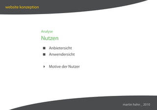 website konzeption




                     Analyse

                     Nutzen
                      Anbietersicht
                      Anwendersicht


                      Motive der Nutzer




                                           martin hahn _ 2010
 