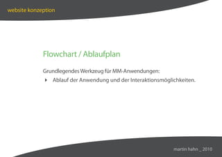 website konzeption




             Flowchart / Ablaufplan
             Grundlegendes Werkzeug für MM-Anwendungen:
              Ablauf der Anwendung und der Interaktionsmöglichkeiten.




                                                             martin hahn _ 2010
 