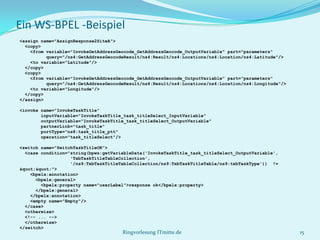 Ein WS-BPEL -Beispiel
<assign name="AssignResponse2SiteA">
  <copy>
    <from variable="InvokeGetAddressGeocode_GetAddressGeocode_OutputVariable" part="parameters"
          query="/ns4:GetAddressGeocodeResult/ns4:Result/ns4:Locations/ns4:Location/ns4:Latitude"/>
    <to variable="Latitude"/>
  </copy>
  <copy>
    <from variable="InvokeGetAddressGeocode_GetAddressGeocode_OutputVariable" part="parameters"
          query="/ns4:GetAddressGeocodeResult/ns4:Result/ns4:Locations/ns4:Location/ns4:Longitude"/>
    <to variable="Longitude"/>
  </copy>
</assign>

<invoke name="InvokeTaskTitle"
        inputVariable="InvokeTaskTitle_task_titleSelect_InputVariable"
        outputVariable="InvokeTaskTitle_task_titleSelect_OutputVariable"
        partnerLink="task_title"
        portType="ns8:task_title_ptt"
        operation="task_titleSelect"/>

<switch name="SwitchTaskTitleOK">
  <case condition="string(bpws:getVariableData('InvokeTaskTitle_task_titleSelect_OutputVariable',
                   'TxbTaskTitleTableCollection',
                   '/ns9:TxbTaskTitleTableCollection/ns9:TxbTaskTitleTable/ns9:txbTaskType')) !=
""">
    <bpelx:annotation>
      <bpelx:general>
        <bpelx:property name="userLabel">response ok</bpelx:property>
      </bpelx:general>
    </bpelx:annotation>
    <empty name="Empty"/>
  </case>
  <otherwise>
  <!-- ... -->
  </otherwise>
</switch>
                                      Ringvorlesung ITmitte.de                                         15
 