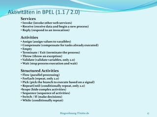 Aktivitäten in BPEL (1.1 / 2.0)
     Services
     • Invoke (invoke other web services)
     • Receive (receive data and begin a new process)
     • Reply (respond to an invocation)

     Activities
     • Assign (assign values to varaibles)
     • Compensate (compensate for tasks already executed)
     • Empty
     • Terminate / Exit (terminate the process)
     • Throw (throw an exception)
     • Validate (validate variables, only 2.0)
     • Wait (stop process execution and wait)

     Structured Activities
     • Flow (parallel processing)
     • ForEach (repeat, only 2.0)
     • Pick (pick the branch to execute based on a signal)
     • RepeatUntil (conditionally repeat, only 2.0)
     •Scope (hide complex activities)
     • Sequence (sequence of activities)
     • Switch / If (make decisions)
     • While (conditionally repeat)



                                 Ringvorlesung ITmitte.de    17
 