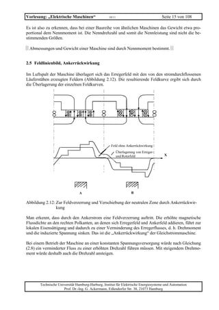 Vorlesung: „Elektrische Maschinen“                 10/11                               Seite 15 von 108

Es ist also zu erkennen, dass bei einer Baureihe von ähnlichen Maschinen das Gewicht etwa pro-
portional dem Nennmoment ist. Die Nenndrehzahl und somit die Nennleistung sind nicht die be-
stimmenden Größen.

⎢⎢Abmessungen und Gewicht einer Maschine sind durch Nennmoment bestimmt. ⎢⎢


2.5 Feldlinienbild, Ankerrückwirkung

Im Luftspalt der Maschine überlagert sich das Erregerfeld mit den von den stromdurchflossenen
Läuferstäben erzeugten Feldern (Abbildung 2.12). Die resultierende Feldkurve ergibt sich durch
die Überlagerung der einzelnen Feldkurven.




                                                    Feld ohne Ankerrückwirkung
                                                           Überlagerung von Erreger-
                                                           und Rotorfeld                X




                                A                                    B

Abbildung 2.12: Zur Feldverzerrung und Verschiebung der neutralen Zone durch Ankerrückwir-
                kung

Man erkennt, dass durch den Ankerstrom eine Feldverzerrung auftritt. Die erhöhte magnetische
Flussdichte an den rechten Polkanten, an denen sich Erregerfeld und Ankerfeld addieren, führt zur
lokalen Eisensättigung und dadurch zu einer Verminderung des Erregerflusses, d. h. Drehmoment
und die induzierte Spannung sinken. Das ist die „Ankerrückwirkung“ der Gleichstrommaschine.

Bei einem Betrieb der Maschine an einer konstanten Spannungsversorgung würde nach Gleichung
(2.8) ein verminderter Fluss zu einer erhöhten Drehzahl führen müssen. Mit steigendem Drehmo-
ment würde deshalb auch die Drehzahl ansteigen.




       Technische Universität Hamburg-Harburg, Institut für Elektrische Energiesysteme und Automation
                     Prof. Dr.-Ing. G. Ackermann, Eißendorfer Str. 38, 21073 Hamburg
 