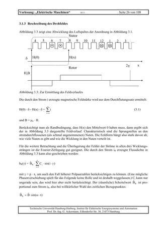 Vorlesung: „Elektrische Maschinen“                   10/11                               Seite 26 von 108


3.1.3 Beschreibung des Drehfeldes

Abbildung 3.3 zeigt eine Abwicklung des Luftspaltes der Anordnung in Abbildung 3.1.
                                           Stator
             4          5         6   7    8 9          10     11     12      1      2       3



     δ      H(0)                           H(x)

                                                                                              2π          x
                                           Rotor
    H,B




Abbildung 3.3: Zur Ermittlung des Feldverlaufes

Die durch den Strom i erzeugte magnetische Feldstärke wird aus dem Durchflutungssatz ermittelt:
                             x
H(0) ⋅ δ - H(x) ⋅ δ =       ∑i
                            x=o
                                                                                                    (3.1)


und B = µo ⋅ H.

Berücksichtigt man als Randbedingung, dass H(x) den Mittelwert 0 haben muss, dann ergibt sich
der in Abbildung 3.3 dargestellte Feldverlauf. Charakteristisch sind die Sprungstellen an den
stromdurchflossenen (als schmal angenommenen) Nuten. Die Feldform hängt also stark davon ab,
wie viele Nuten es gibt und wie die Wicklung in den Nuten verteilt ist.

Für die weitere Betrachtung und die Überlagerung der Felder der Ströme in allen drei Wicklungs-
strängen ist die Fourier-Zerlegung gut geeignet. Die durch den Strom iR erzeugte Flussdichte in
Abbildung 3.3 kann also geschrieben werden:
                 ∞
bR(γ) = B R ⋅ ∑ C i ⋅ sin(i ⋅ γ )
               i =1



mit γ = p ⋅ x, um auch den Fall höherer Polpaarzahlen berücksichtigen zu können. (Eine mögliche
Phasenverschiebung spielt für das Folgende keine Rolle und ist deshalb weggelassen.) Ci kann nur
ungerade sein, das wird hier aber nicht berücksichtigt. Der (räumliche) Scheitelwert B R ist pro-
portional zum Strom iR, also bei willkürlicher Wahl des zeitlichen Bezugspunktes:

B R = B ⋅ sin(ω ⋅ t )



         Technische Universität Hamburg-Harburg, Institut für Elektrische Energiesysteme und Automation
                       Prof. Dr.-Ing. G. Ackermann, Eißendorfer Str. 38, 21073 Hamburg
 