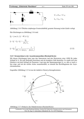 Vorlesung: „Elektrische Maschinen“                               10/11                                     Seite 39 von 108

                                      L'σ

        I1                                                 I'2
                         I0                                                         L’σ ≈ Lσ1 + L’σ2
                                                                         R'2
                          L0                                             s          Lo = Lσ1 + Lh
   U1



Abbildung 3.16: Übliches einphasiges Ersatzschaltbild, gesamte Streuung in den Läufer verlegt

Die Gleichungen zu Abbildung 3.16 sind:

U1 = j ωN Lσ` I2` + R’2/s` I2`

                            U1
I1 = I2` + Io = I2` +
                         j ωN L o

        ⎛          1            1                ⎞
I1 = U1 ⎜
        ⎜ R ' / s + jω L ' + j ω L               ⎟
                                                 ⎟                                                                    (3.12)
        ⎝ 2           N σ       N 0              ⎠


3.2.5 Stromortskurve der Asynchronmaschine (Heyland-Kreis)
Mit diesen Gleichungen kann man den Statorstrom und den Rotorstrom einer ASM für jeden
Schlupf (d. h. für jede Drehzahl) berechnen und als komplexe Zahl darstellen. Es ergibt sich eine
Ortskurve mit dem Schlupf als Parameter. Legt man den Spannungszeiger U1 so, dass er nach o-
ben zeigt, und mit der reellen Achse zusammenfällt, so entsteht das Kreisdiagramm der Asyn-
chronmaschine.

Gegenüber Abbildung 3.13 ist nur der induktive Strom I0 hinzugekommen.

                                                                          PK
                        U1

                                            Pn
                                                                                                PK
                                                                               IK                    s=1
                                     I1n
                                            I2n                                                        s=2
                                                                                          IKP
                                                                                                       s=∞
                                I0         P0                                       IKQ              P∞
                                           s=0


                                                     s<0


Abbildung 3.17: Ortskurve des Ständerstromes (Heyland-Kreis)
         Technische Universität Hamburg-Harburg, Institut für Elektrische Energiesysteme und Automation
                       Prof. Dr.-Ing. G. Ackermann, Eißendorfer Str. 38, 21073 Hamburg
 