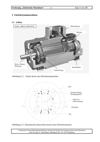Vorlesung: „Elektrische Maschinen“                     10/11                             Seite 5 von 108


2 Gleichstrommaschinen


2.1 Aufbau
   Quelle: ABB-Cat DMI 99-02                                                     Klemmkasten


                                                                                           Bürsten




   Rotor- (Anker-)
   Wicklung
                                                                                     Kommutator
                                                               Feldwicklung


Abbildung 2.1: Schnitt durch eine Gleichstrommaschine




                                                                              Joch


                                                                                 Erregerwicklung
                                                                                 Windungszahl Ne

                                                   r                                  Anker mit
                                                                                      Ankerwicklung


                                                                                     Polschuhe
                                                  F


                                                                               Pol




Abbildung 2.2: Schematischer Querschnitt durch einen Gleichstrommotor

        Technische Universität Hamburg-Harburg, Institut für Elektrische Energiesysteme und Automation
                      Prof. Dr.-Ing. G. Ackermann, Eißendorfer Str. 38, 21073 Hamburg
 