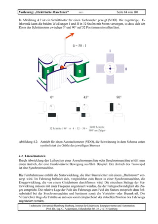 Vorlesung: „Elektrische Maschinen“                   10/11                             Seite 84 von 108

In Abbildung 4.2 ist ein Schrittmotor für einen Tachometer gezeigt (VDO). Die zugehörige E-
lektronik kann die beiden Wicklungen I und II in 32 Stufen mit Strom versorgen, so dass sich der
Rotor des Schrittmotors zwischen 0° und 90° auf 32 Positionen einstellen lässt.




                                                ü = 50 : 1
                                                                                   I


                                                                                   N
                                                                                             II
                       ΙΙ                             Ι                            S




                            0°                               45°                       90°
                                                             N                          N
                            N




                                                                  6400 S chritte
                            32 Schritte / 90° ⇒ 4 ⋅ 32 ⋅ 50 =
                                                                 360° am Zeiger



Abbildung 4.2: Antrieb für einen Autotachometer (VDO), die Schwärzung in dem Schema unten
               symbolisiert die Größe des jeweiligen Stromes


4.2 Linearmotoren
Durch Abwicklung des Luftspaltes einer Asynchronmaschine oder Synchronmaschine erhält man
einen Antrieb, der eine translatorische Bewegung ausführt. Beispiel: Der Antrieb des Transrapid
ist eine Synchronmaschine.

Die Fahrbahntrasse enthält die Statorwicklung, die über Stromrichter mit einem „Drehstrom“ ver-
sorgt wird. Im Fahrzeug befindet sich, vergleichbar zum Rotor in einer Synchronmaschine, die
Erregerwicklung, die von einem Gleichstrom durchflossen wird. Die einzelnen Stränge der Sta-
torwicklung müssen mit einer Frequenz angesteuert werden, die der Fahrgeschwindigkeit des Zu-
ges entspricht. Die relative Lage der Pole des Fahrzeugs zum Feld des Stators entspricht dem Pol-
radwinkel bei der Synchronmaschine und bestimmt somit die Vortriebs- oder Bremskraft. Die
Stromrichter längs der Fahrtrasse müssen somit entsprechend der aktuellen Position des Fahrzeugs
angesteuert werden.
       Technische Universität Hamburg-Harburg, Institut für Elektrische Energiesysteme und Automation
                     Prof. Dr.-Ing. G. Ackermann, Eißendorfer Str. 38, 21073 Hamburg
 