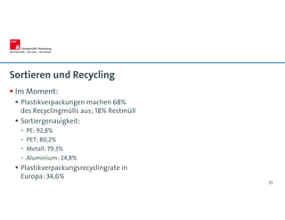 Sortieren und Recycling
 Im Moment:
 Plastikverpackungen machen 68%
des Recyclingmülls aus; 18% Restmüll
 Sortiergenauigkeit:
 PE: 92,8%
 PET: 80,2%
 Metall: 79,3%
 Aluminium: 24,8%
 Plastikverpackungsrecyclingrate in
Europa: 34,6%
31
 
