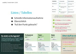 usability // martin hahn // 2010




                 Listen / Tabellen
                  Schnelle Informationsaufnahme
                  Übersichtlich
                  “Auf den Punkt gebracht.”
 