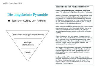 usability // martin hahn // 2010




       Die umgekehrte Pyramide
        Typischer Aufbau von Artikeln.




              Überschrift  wichtigste Informationen


                                  Wichtige
                               Informationen


                                   Details
 