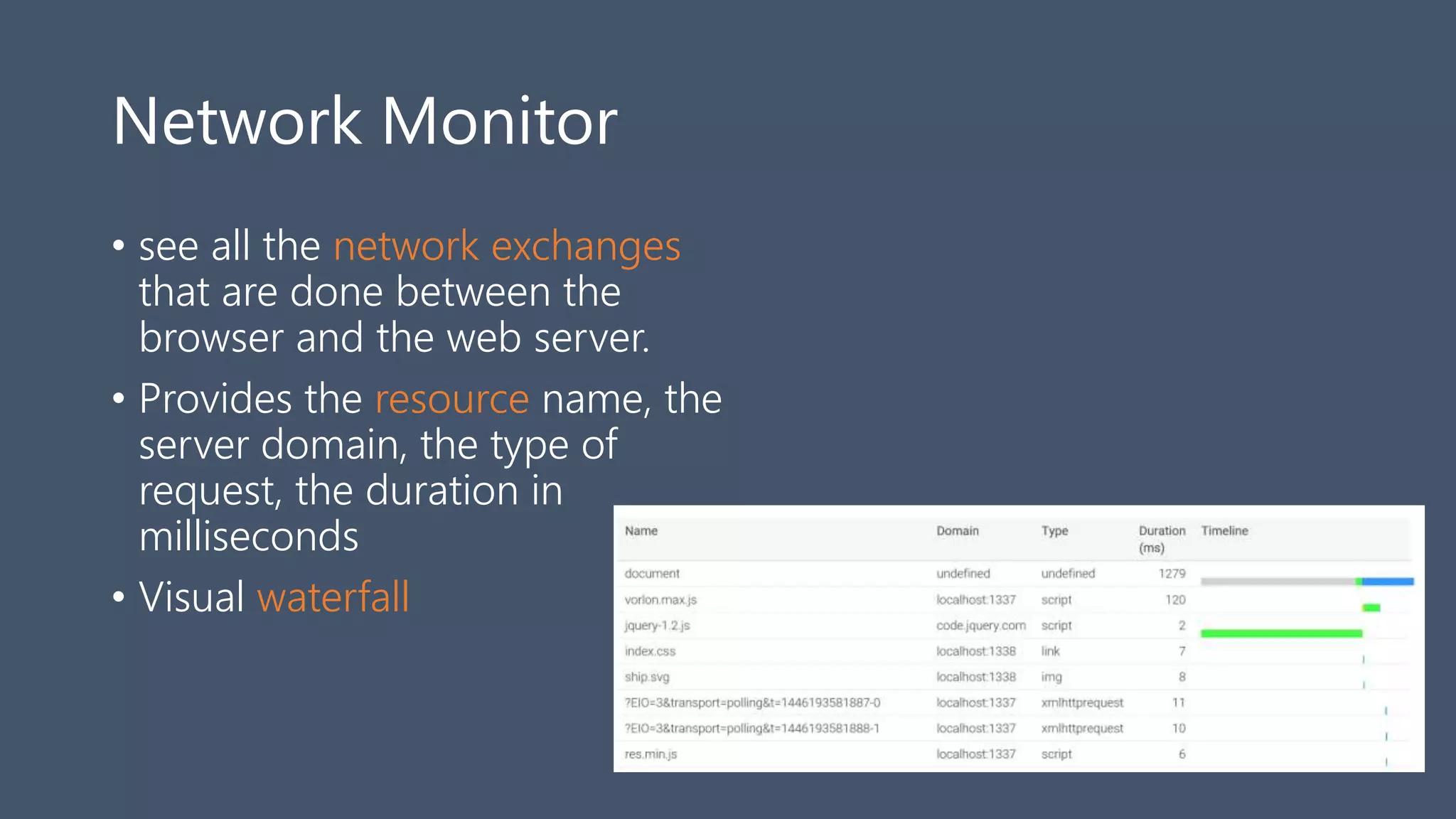Network Monitor
• see all the network exchanges
that are done between the
browser and the web server.
• Provides the resource name, the
server domain, the type of
request, the duration in
milliseconds
• Visual waterfall
 