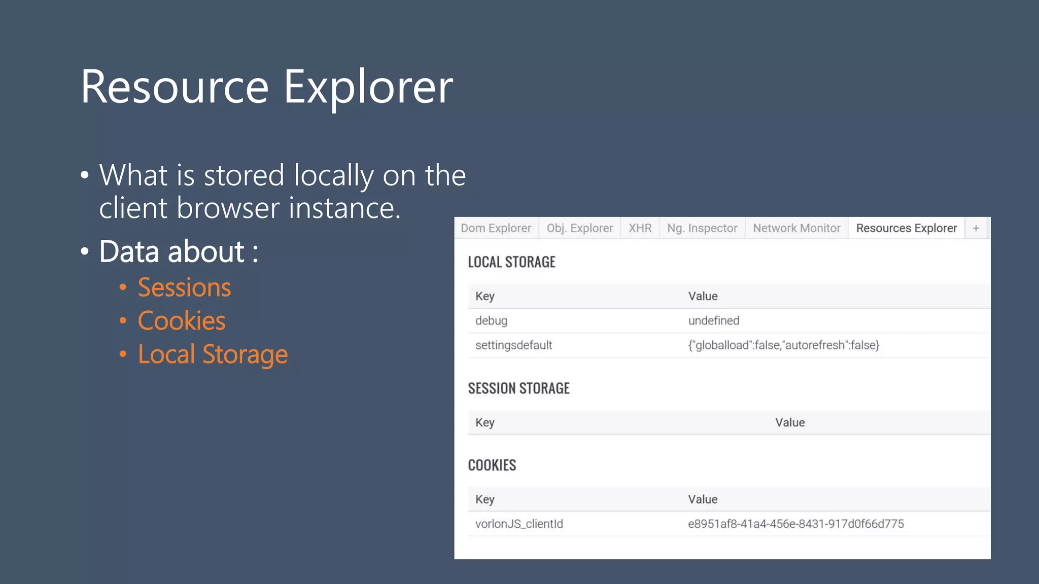 Resource Explorer
• What is stored locally on the
client browser instance.
• Data about :
• Sessions
• Cookies
• Local Storage
 