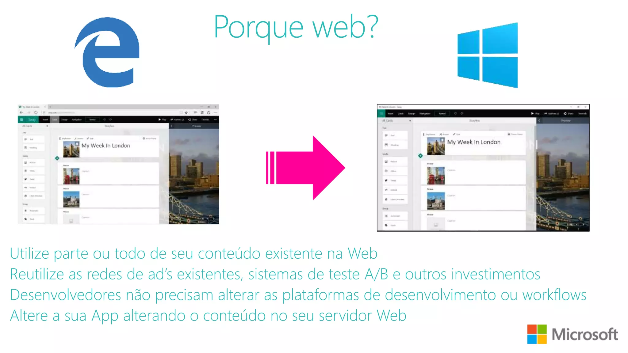 Utilize parte ou todo de seu conteúdo existente na Web
Reutilize as redes de ad’s existentes, sistemas de teste A/B e outros investimentos
Desenvolvedores não precisam alterar as plataformas de desenvolvimento ou workflows
Altere a sua App alterando o conteúdo no seu servidor Web
Porque web?
 