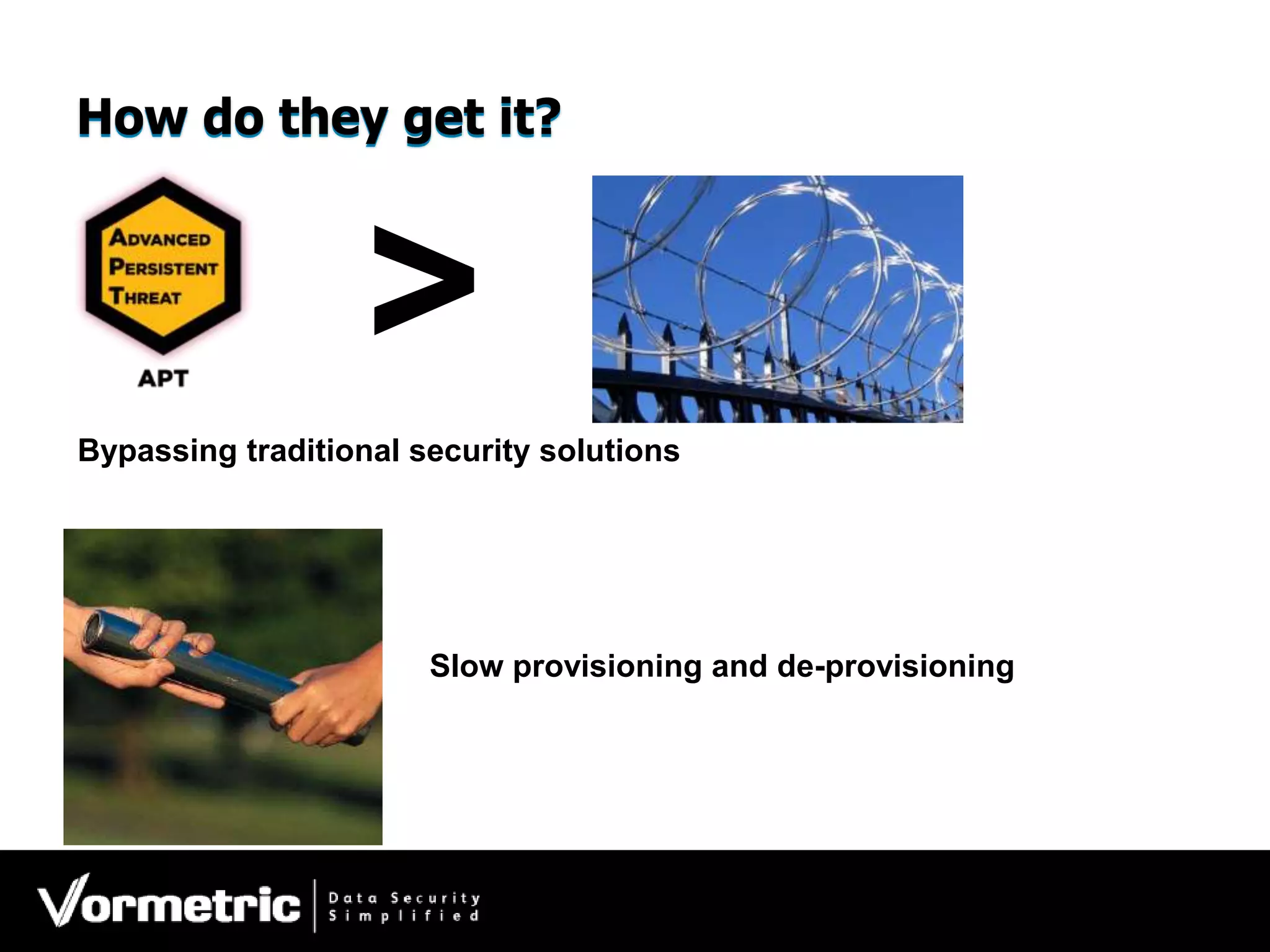 How do tthey gett iitt? 
> 
Bypassing traditional security solutions 
Slow provisioning and de-provisioning 
 