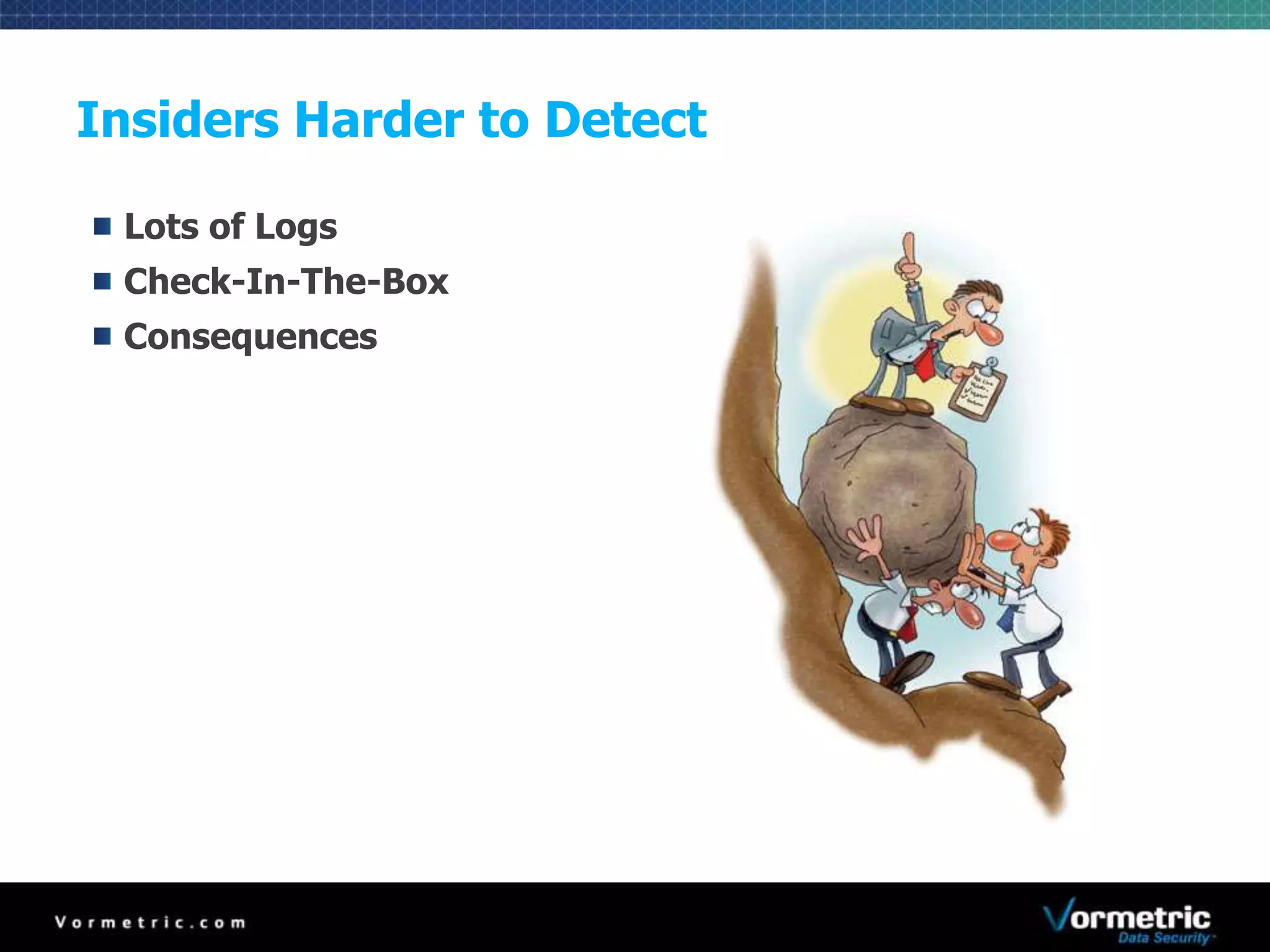 Insiders Harder to Detect 
Lots of Logs 
Check-In-The-Box 
Consequences 
 