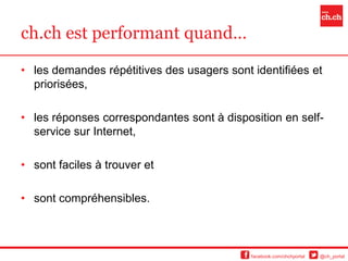ch.ch est performant quand…

• les demandes répétitives des usagers sont identifiées et
  priorisées,

• les réponses correspondantes sont à disposition en self-
  service sur Internet,

• sont faciles à trouver et

• sont compréhensibles.



                                            facebook.com/chchportal   @ch_portal
 