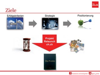 Ziele
Erfolgskriterien   Strategie           Positionierung




                    Projekt
                   Relaunch
                     ch.ch




                               facebook.com/chchportal   @ch_portal
 