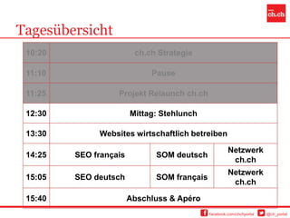 Tagesübersicht
 10:20                   ch.ch Strategie

 11:10                       Pause

 11:25             Projekt Relaunch ch.ch

 12:30                  Mittag: Stehlunch

 13:30        Websites wirtschaftlich betreiben

                                                      Netzwerk
 14:25   SEO français         SOM deutsch
                                                       ch.ch
                                                      Netzwerk
 15:05   SEO deutsch          SOM français
                                                       ch.ch

 15:40                  Abschluss & Apéro
                                             facebook.com/chchportal   @ch_portal
 