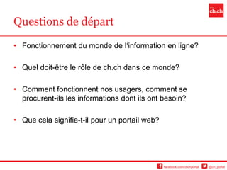 Questions de départ

• Fonctionnement du monde de l‘information en ligne?

• Quel doit-être le rôle de ch.ch dans ce monde?

• Comment fonctionnent nos usagers, comment se
  procurent-ils les informations dont ils ont besoin?

• Que cela signifie-t-il pour un portail web?




                                                facebook.com/chchportal   @ch_portal
 