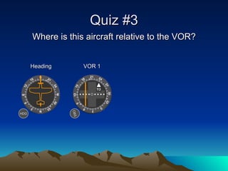 Quiz #3 Where is this aircraft relative to the VOR? OBS Heading  VOR 1 HDG TO 