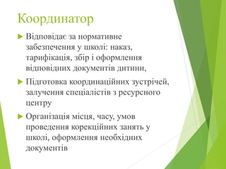 Координатор
 Відповідає за нормативне
забезпечення у школі: наказ,
тарифікація, збір і оформлення
відповідних документів дитини,
 Підготовка координаційних зустрічей,
залучення спеціалістів з ресурсного
центру
 Організація місця, часу, умов
проведення корекційних занять у
школі, оформлення необхідних
документів
 