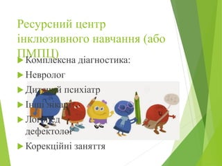 Ресурсний центр
інклюзивного навчання (або
ПМПЦ) Комплексна діагностика:
 Невролог
 Дитячий психіатр
 Інші лікарі
 Логопед
дефектолог
 Корекційні заняття
 