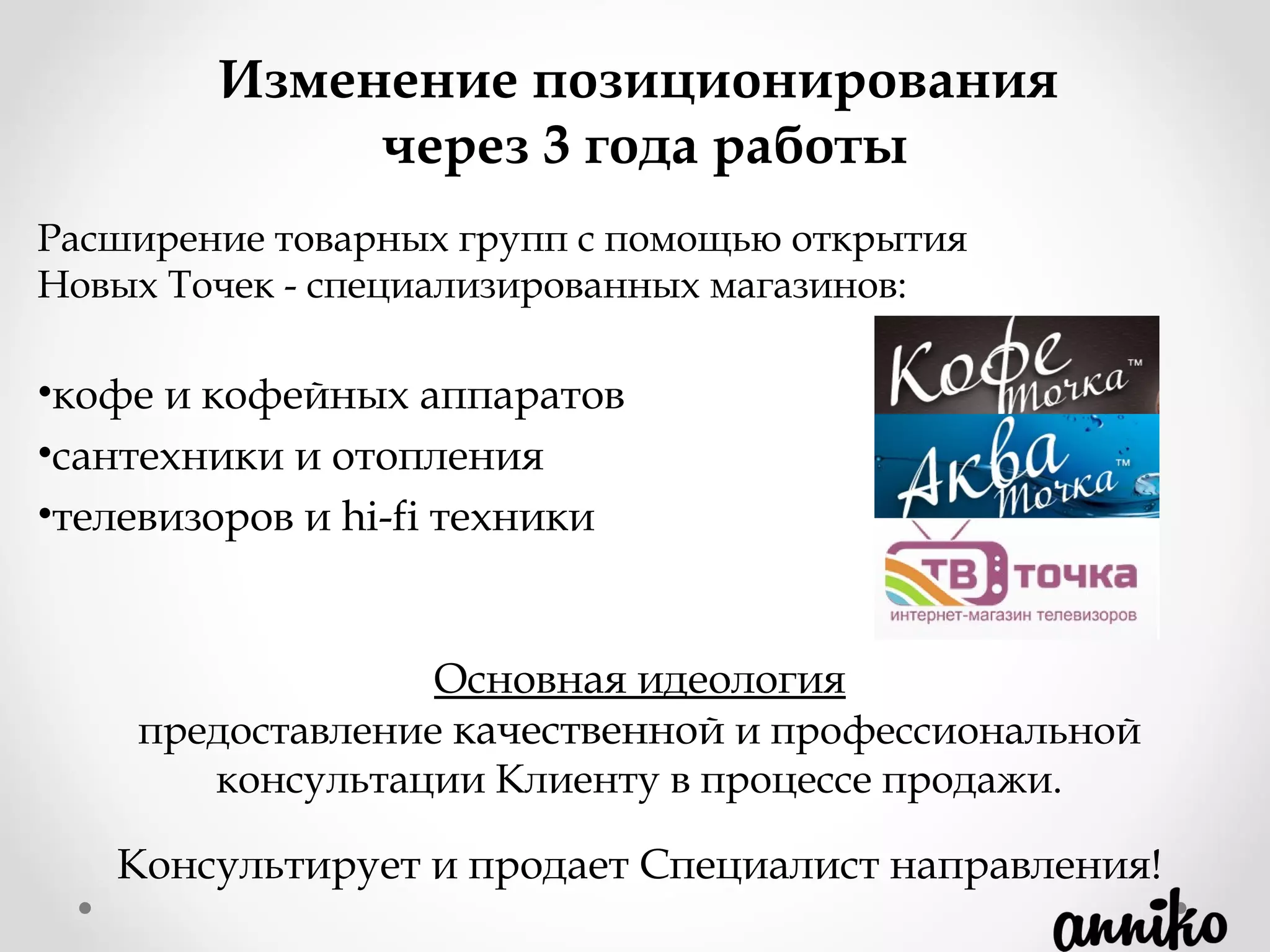 Расширение товарных групп с помощью открытия
Новых Точек - специализированных магазинов:
•кофе и кофейных аппаратов
•сантехники и отопления
•телевизоров и hi-fi техники
Основная идеология
предоставление качественной и профессиональной
консультации Клиенту в процессе продажи.
Консультирует и продает Специалист направления!
Изменение позиционирования
через 3 года работы
 