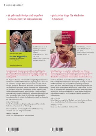 8 gemeindearbeit



  •		 8	gebrauchsfertige	und	erprobte	
    1                                                                      •		 raktische	Tipps	für	Kirche	im	
                                                                             p
    Gottesdienste für Demenzkranke                                           Altenheim




                                             Ca. 144 Seiten mit ca. 10                                                 Ca. 160 Seiten, kartoniert
                                             Abbildungen, kartoniert                                                   ca. € 16,95 D / € 17,50 A /
                                             Digitales Zusatzmaterial                                                  SFr 25,90
                                             erhältlich.                                                               ISBN 978-3-525-63025-9 (F)
                                             ca. € 16,95 D / € 17,50 A /                                               erscheint im März 2011
                                             SFr 25,90
                                             ISBN 978-3-525-58021-9 (F)
                                             erscheint im März 2011




  Gottesdienste mit Demenzkranken und ihren Angehörigen in                 Bärbel Nagel bietet 12 Andachten mit Symbolen und 15 Gottes-
  einer Kirchengemeinde: Die Kranken, ihre Familie und Betreuer            dienste zu den Festen des Kirchenjahres und besonderen Anlässen,
  feiern gemeinsam, versammelt um ein augenfälliges Zeichen für            dazu eine Einführung in die besondere Situation derer, die als
  den Augenblick.                                                          »Botschafter« von außen die Binnenwelt des Altenheims besuchen.
  Die	Diagnose	»Demenz«	bedeutet	nicht	zwangsläufig:	Er	oder	sie	muss	     Kirche im Altenheim ist etwas Besonderes und Wichtiges. Sie will
  in ein Heim. Zunehmend bemühen sich Angehörige und Gemeinden             wohl überlegt und vorbereitet sein. Dabei spielt die Frage des passen-
  um ambulante Lösungen. Wenn alle hinschauen und viele sich be-           den Raumes ebenso eine wichtige Rolle wie die Frage nach dem
  teiligen, gelingt das Miteinander. Aus einem solchen Projekt sind        Ablauf, der Musik, der Verkündigung, der Gottesdienstgemeinde und
  18 Gottesdienste entstanden, die die Autorinnen nun gebrauchsfertig      anderes mehr. Grundlage und Motivation ist Gottes Zusage, auch im
  zur Verfügung stellen. Die »Gottesdienste für den Augenblick« be-        Alter	da	zu	sein	und	den	Lebensweg	zu	begleiten	(Jesaja	46,4).	Dieses	
  rücksichtigen die besonderen Bedürfnisse und Einschränkungen             seelsorgliche Handeln Gottes kommt in Bärbel Nagels Gottesdienst-
  demenzkranker Menschen. Gleichzeitig nehmen sie die Angehörigen          und Andachtsentwürfen zur Geltung – zeichenhaft, ganzheitlich
  oder Betreuenden in den Blick. Die Erfahrung zeigt, dass solche          und elementar.
  Gottesdienste, für die örtliche Kirche konzipiert, auch im Altenheim
  gut angenommen werden.
                                                                           die autorin
                                                                           Bärbel Nagel ist evangelische Theologin und Pastorin; sie war Dozen-
  die autorinnen                                                           tin an einer Fachschule für Sozialwesen und Altenpflege.
  Ursula Plote ist Lehrerin, Religionspädagogin und Pfarrerin der
  lutherischen Landeskirche in Oldenburg.
                                                                           interessenten
                                                                           Haupt- und Ehrenamtliche in den Gemeinden.
  Dr. Ivonne Tholen ist Gemeindepfarrerin in Wilhelmshaven;
  sie erteilt dort auch Religionsunterricht.
  interessenten
  Haupt- und Ehrenamtliche in den Gemeinden.




  9   783525 580219                                                        9   783525 630259
 