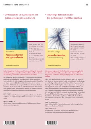 gottesdienste gestalten                                                                                                                              11


•		 ottesdienste	und	Andachten	zur	
  G                                                                         •		 chwierige	Bibelstellen	für	
                                                                              s
  Leidensgeschichte Jesu Christi                                              den Gottesdienst fruchtbar machen




                                             Dienst am Wort, Band 136.                                                 Dienst am Wort, Band 134.
                                             Ca. 192 Seiten mit 14 Abbil-                                              Ca. 176 Seiten, kartoniert
                                             dungen, kartoniert                                                        ca. € 16,95 D / € 17,50 A /
                                             ca. € 16,95 D / € 17,50 A /                                               SFr 25,90
                                             SFr 25,95                                                                 bei Abnahme der Reihe:
                                             bei Abnahme der Reihe:                                                    ca. € 15,25 D / € 15,70 A /
                                             ca. € 15,25 D / € 15,70 A /                                               SFr 23,90
                                             SFr 23,90                                                                 ISBN 978-3-525-59528-2 (F)
                                             ISBN 978-3-525-59542-8 (F)                                                erscheint im Februar 2011
                                             erscheint im Februar 2011




In der Liturgie der Vorfasten- und Passionszeit folgt die Gemeinde          Die Autoren zeigen, wie Bibelstellen, die man gerne umgeht, für
dem Leidensweg Jesu zum Kreuz. Werner Milsteins Texte dienen                den Gottesdienst fruchtbar gemacht werden können. Auf die
der Gestaltung meditativer Gottesdienste und Andachten.                     Exegese von namhaften Theologen folgt jeweils ein Gottesdienst-
                                                                            entwurf.
Die von Werner Milstein vorgelegten 13 Gottesdienste begleiten die
Gemeinde durch die Fasten- und Passionszeit. Seine meditativen              Nach »Der rätselhafte Gott« (Dienst am Wort, Band 126) gehen wir
Texte bedenken die Bedeutung der Leidensgeschichte Jesu Christi für         mit »Jesus der Messias« auf der Brücke weiter, die uns von der Exege-
das eigene Leben und die Zukunft der Menschen. In der Leidens-              se zur Predigt und zum Gottesdienst führt. Wieder legen namhafte
geschichte drückt sich die unergründliche Liebe Gottes zu den Men-          Theologen Texte der Evangelien in ihrer eigenen Art aus und gehen
schen aus, die bis in die Tiefe des Todes hinein reicht. Diese Zuwen-       der Frage nach, was es denn mit der Messianität Jesu auf sich hat.
dung spiegelt sich in den Texten zur Passion, die sich als liturgische      Hans-Helmar Auel hat in Aufnahme und Auseinandersetzung mit
Bausteine in Gottesdienst oder Andacht einsetzen lassen.                    den Exegesen Predigten geschrieben und Gottesdienste entworfen.
                                                                            Mit Beiträgen von Friedrich Avemarie, Marburg; Jürgen Becker, Kiel;
der autor                                                                   Reinhard Feldmeier, Göttingen; Andreas Lindemann, Bethel; Ger-
Werner Milstein ist Pfarrer der Evangelischen Kirche von Westfalen
                                                                            hard Marcel Martin, Marburg; Werner H. Schmidt, Meckenheim,
und Autor zahlreicher beliebter Publikationen rund um den Gottes-
                                                                            Udo Schnelle, Halle; Florian Wilk, Göttingen; Ruben Zimmermann,
dienst.
                                                                            Mainz.
interessenten                                                               der herausgeber
PfarrerInnen, VikarInnen, LektorInnen, PrädikantInnen, Gottes-
                                                                            Hans-Helmar Auel ist Pfarrer im Ruhestand in der Evangelischen
dienstvorbereitungskreise.
                                                                            Kirche von Kurhessen-Waldeck.
                                                                            interessenten
                                                                            PfarrerInnen, VikarInnen, DiakonInnen, PrädikantInnen,
                                                                            LektorInnen und Gottesdienstvorbereitungskreise.




9   783525 595428                                                           9   783525 595282
 