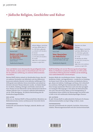 32 judentum



  •		 üdische	Religion,	Geschichte	und	Kultur
    J
    	




                                              Jüdische Religion, Geschichte                                              Übersetzt von Liliane
                                              und Kultur (JRGK), Band 15.                                                Meilinger.
                                              Ca. 300 Seiten, gebunden                                                   Jüdische Religion, Geschichte
                                              ca. € 48,95 D / € 50,40 A /                                                und Kultur (JRGK), Band 14.
                                              SFr 69,50                                                                  Ca. 250 Seiten, gebunden
                                              bei Abnahme der Reihe                                                      ca. € 54,95 D / € 56,50 A /
                                              ca. € 41,60 D / € 42,80 A /                                                SFr 77,90
                                              SFr 59,90                                                                  bei Abnahme der Reihe:
                                              ISBN 978-3-525-56943-6                                                     ca. € 46,70 D / € 48,10 A /
                                              erscheint im April 2011                                                    SFr 66,50
                                                                                                                         ISBN 978-3-525-56938-2
                                                                                                                         erscheint im April 2011
  Ärzte und Medizin waren Brennpunkte des grundlegenden kultu-                Sheffi beschäftigt sich mit der Übersetzung deutschsprachiger
  rellen Wandels, an denen Juden in Deutschland nach 1750, der                Werke ins Hebräische im jüdischen Palästina vor 1948 und der
  Zeit der jüdischen Aufklärung, ein modernes Selbstverständnis               unmittelbaren Wirkung deutscher Vorbilder auf die Schaffung
  entwickelten.                                                               eines modernhebräischen Literaturkorpus.
  Eberhard Wolff arbeitet anhand von Detailstudien heraus, dass sich          Hunderte Werke der verschiedensten Genres – Romane, Dramen,
  ein modernes Verständnis vom Jüdischsein und eine differenziert             Sachbücher, Kinder- und Jugendliteratur – wurden bis zur Gründung
  konstruierte jüdische Identität in der jüdischen Aufklärung (1750–          des	Staates	Israel	1948	aus	dem	Deutschen	ins	Hebräische	übertra-
  1850) gerade unter jüdischen Ärzten entwickelten und anhand me-             gen, ebenso wie Gedichte, Erzählungen und Essays, die in Zeitschrif-
  dizinisch relevanter Themen diskutiert wurden. An lokalen Beispie-          ten	erschienen.	Sheffi	geht	der	dominierenden	Rolle	der	aus	dem	
  len wie Berlin, Hamburg, Göttingen und Dresden untersucht der               Osten Europas stammenden Übersetzer nach sowie dem sprunghaf-
  Autor Themen wie den Reformeifer und das säkularisierte Berufsver-          ten Anstieg der Übertragungen in den Jahren des Nationalsozialis-
  ständnis jüdischer Ärzte. Er analysiert außerdem Reformdebatten             mus und in den drei letzten Jahren vor der Staatsgründung. Zu
  um die »frühe Beerdigung«, die jüdische Beschneidung oder die               verschiedenen Zeiten erfüllten die Übersetzungen eine jeweils ande-
  Krankenbesuchsgesellschaften.                                               re Rolle in der sich entfaltenden hebräischsprachigen Literatur.
  der autor                                                                   die autorin
  PD Dr. rer. soc. Eberhard Wolff ist Wissenschaftlicher Mitarbeiter am       Dr.	phil.	Na’ama	Sheffi	ist	außerordentliche	Professorin	für	Kommu-
  Medizinhistorischen Institut und Museum der Universität Zürich.             nikationswissenschaften am Sapir College in Sderot, Israel.
  interessenten                                                               interessenten
  Studierende und Lehrende der Theologie, Judaistik, Medizin und              Lehrende und Studierende der Judaistik, Geschichte, Kulturwissen-
  Geschichte.                                                                 schaften, Übersetzungswissenschaft sowie der Literaturwissenschaft.




   9   783525 569436                                                          9   783525 569382
 