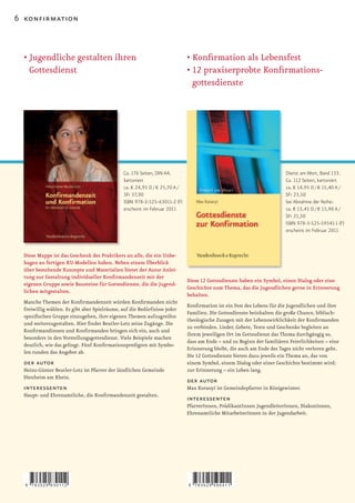 6 konfirmation



 •		 ugendliche	gestalten	ihren	
   J                                                                       •		 onfirmation	als	Lebensfest
                                                                             K
   Gottesdienst                                                            •		 2	praxiserprobte	Konfirmations­
                                                                             1
                                                                             gottesdienste




                                             Ca. 176 Seiten, DIN A4,                                                  Dienst am Wort, Band 133.
                                             kartoniert                                                               Ca. 112 Seiten, kartoniert
                                             ca. € 24,95 D / € 25,70 A /                                              ca. € 14,95 D / € 15,40 A /
                                             SFr 37,90                                                                SFr 23,50
                                             ISBN 978-3-525-63011-2 (F)                                               bei Abnahme der Reihe:
                                             erscheint im Februar 2011                                                ca. € 13,45 D / € 13,90 A /
                                                                                                                      SFr 21,50
                                                                                                                      ISBN 978-3-525-59541-1 (F)
                                                                                                                      erscheint im Februar 2011



  Diese Mappe ist das Geschenk des Praktikers an alle, die ein Unbe-
  hagen an fertigen KU-Modellen haben. Neben einem Überblick
  über bestehende Konzepte und Materialien bietet der Autor Anlei-
  tung zur Gestaltung individueller Konfirmandenzeit mit der
                                                                           Diese 12 Gottesdienste haben ein Symbol, einen Dialog oder eine
  eigenen Gruppe sowie Bausteine für Gottesdienste, die die Jugend-
                                                                           Geschichte zum Thema, das die Jugendlichen gerne in Erinnerung
  lichen mitgestalten.
                                                                           behalten.
 Manche	Themen	der	Konfirmandenzeit	würden	Konfirmanden	nicht	
                                                                           Konfirmation	ist	ein	Fest	des	Lebens	für	die	Jugendlichen	und	ihre	
 freiwillig wählen. Es gibt aber Spielräume, auf die Bedürfnisse jeder
                                                                           Familien. Die Gottesdienste beinhalten die große Chance, biblisch-
 spezifischen	Gruppe	einzugehen,	ihre	eigenen	Themen	aufzugreifen	
                                                                           theologische	Zusagen	mit	der	Lebenswirklichkeit	der	Konfirmanden	
 und	weiterzugestalten.	Hier	findet	Beutler­Lotz	seine	Zugänge.	Die	
                                                                           zu verbinden. Lieder, Gebete, Texte und Geschenke begleiten an
 Konfirmandinnen	und	Konfirmanden	bringen	sich	ein,	auch	und	
                                                                           ihrem jeweiligen Ort im Gottesdienst das Thema durchgängig so,
 besonders in den Vorstellungsgottesdienst. Viele Beispiele machen
                                                                           dass am Ende – und zu Beginn der familiären Feierlichkeiten – eine
 deutlich,	wie	das	gelingt.	Fünf	Konfirmationspredigten	mit	Symbo-
                                                                           Erinnerung bleibt, die auch am Ende des Tages nicht verloren geht.
 len runden das Angebot ab.
                                                                           Die 12 Gottesdienste bieten dazu jeweils ein Thema an, das von
  der autor                                                                einem Symbol, einem Dialog oder einer Geschichte bestimmt wird:
 Heinz-Günter Beutler-Lotz ist Pfarrer der ländlichen Gemeinde             zur Erinnerung – ein Leben lang.
 Dienheim am Rhein.
                                                                           der autor
  interessenten                                                            Max Koranyi ist Gemeindepfarrer in Königswinter.
  Haupt­	und	Ehrenamtliche,	die	Konfirmandenzeit	gestalten.
                                                                           interessenten
                                                                           PfarrerInnen, PrädikantInnen JugendleiterInnen, DiakonInnen,
                                                                           Ehrenamtliche MitarbeiterInnen in der Jugendarbeit.




  9   783525 630112                                                        9   783525 595411
 