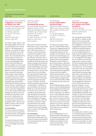 12

Sprache und Literatur
LITERARISCHE KRIEGSDISKURSE                                                                                             GESCHICHTSPOETIK
NACH 1989                                LITERATUR NACH DER WENDE               ALFRED DÖBLIN                           W. G. SEBALDS


Carsten Gansel / Heinrich Kaulen (Hg.)   Gerhard Jens Lüdeker /                 Vera Hildenbrandt                       Stephan Seitz
Kriegsdiskurse in Literatur              Dominik Orth (Hg.)                     Europa in Alfred Döblins                Geschichte als bricolage –
und Medien nach 1989                     Nach-Wende-Narrationen                 Amazonas-Trilogie                       W. G. Sebald und die Poetik
Deutschsprachige Gegenwartsliteratur     Das wiedervereinigte Deutschland im    Diagnose eines kranken Kontinents       des Bastelns
und Medien, hg. von Carsten Gansel       Spiegel von Literatur und Film         Palaestra, hg. von Heinrich Detering,   196 Seiten, gebunden
und Hermann Korte, Band 8.               Deutschsprachige Gegenwartsliteratur   Dieter Lamping und Gerhard Lauer,       € 37,90 D / € 39,00 A / SFr 53,90
Ca. 300 Seiten, gebunden                 und Medien, hg. von Carsten Gansel     Band 335.                               ISBN 978-3-89971-684-9
ca. € 43,90 D / € 45,20 A /              und Hermann Korte, Band 7.             Ca. 320 Seiten, gebunden                Bereits erschienen
SFr 62,50                                217 Seiten, gebunden                   ca. € 46,90 D / € 48,30 A /
ISBN 978-3-89971-811-9                   € 37,90 D / € 39,00 A / SFr 53,90      SFr 66,50                               Die vorliegende Studie befragt
Erscheint im April 2011                  ISBN 978-3-89971-655-9                 ISBN 978-3-89971-817-1                  das Werk W. G. Sebalds im Hin-
                                         Bereits erschienen                     Erscheint im April 2011                 blick auf seine poetische Mo-
Das Thema ›Krieg‹ nimmt in der                                                                                          dellierung von Geschichte und
deutschsprachigen Literatur des          Was sind die Themen der Nach-          Der Topos vom Siechtum Euro-            Historiographie. Vor dem Hin-
20. Jahrhunderts eine zentrale           Wende-Zeit und wie werden diese        pas ist in Alfred Döblins Roman         tergrund der intensiven wissen-
Rolle ein. Die Bedingungen al-           literarisch und filmisch insze-        »Amazonas« allgegenwärtig. Das          schaftlichen Sebald-Rezeption
lerdings, unter denen es thema-          niert? Dieser Band leistet aus         Werk schildert den Verlauf der          des letzten Jahrzehnts geht es
tisiert wird, haben sich in den          literatur- und aus filmwissen-         europäischen Moderne als Ge-            um eine Rückbindung von Se-
letzten Jahrzehnten stark ver-           schaftlicher Perspektive einen         schichte einer Krankheit, die im        balds Geschichtsbegriff an die in
ändert. Der Zusammenbruch des            Beitrag zur Analyse und Inter-         Zeitalter der Entdeckungen aus-         seinem Werk angelegten Referen-
Realsozialismus und der Pro-             pretation der narrativen Verar-        bricht und in der faschistischen        zen zum Begriff der ›bricolage‹,
zess der Globalisierung haben            beitung historischer Prozesse am       Barbarei ihren katastrophalen           der von Claude Lévi-Strauss ge-
zu einem grundlegenden Wan-              Beispiel der Nach-Wende-Zeit des       Höhepunkt erreicht: Überstei-           prägt wurde, einerseits und an
del der weltweiten Machtver-             wiedervereinigten Deutschlands.        gerter Rationalismus, Materialis-       die Geschichtsphilosophie Walter
hältnisse geführt, die nicht nach        Unter Nach-Wende-Narrationen           mus und Nihilismus kulminieren          Benjamins und Theodor W. Ador-
dem alten Muster der Systemkon-          werden Erzählungen verstanden,         in maßlosem Macht- und Herr-            nos andererseits. Die Zusammen-
frontation zwischen feindlichen          die den Fokus auf die Zeit nach        schaftswillen und besinnungslo-         schau dieser auf den ersten Blick
Blöcken zu interpretieren sind.          der Wende richten, die also nicht      sem (Selbst-)Vernichtungswahn.          distinkten und von der bishe-
Hinzu kommt die wachsende                primär die Zeit vor der Wende          Europa und den Europäern                rigen Sebald-Forschung weitge-
Bedeutung der ›Neuen Medien‹             oder den Mauerfall reflektieren.       scheint jede Alternative zu sich        hend isoliert betrachteten Ein-
als kulturelles Archiv und Kom-          Nach-Wende-Narrationen sind            selbst verwehrt. Diese mit Papier       flüsse ermöglicht eine präzise
munikationsinstrument, aber              als Dokumente der Erinnerung           und Stift gestellte Diagnose des        Bestimmung der Geschichtspoe-
auch als Mittel der strategischen        und der Gegenwartswahrneh-             Arztes und Schriftstellers Döblin       tik W. G. Sebalds, die zwischen
Kriegsführung und der politi-            mung zu verstehen. Sie doku-           ist vernichtend, aber nicht end-        historiographischer Repräsen-
schen Rhetorik. Welche Funktion          mentieren gleichzeitig den Bruch       gültig.                                 tation und literarischer Ima-
kommt Literatur und Medien als           von Identitäten, sowohl perso-         Unter Einbeziehung der poetolo-         gination changiert. Aus der
Formen des kulturellen Gedächt-          nal wie kollektiv, die durch die       gischen und kulturphilosophisch-        Sicht der Geschichte als Kata-
nisses in aktuellen Kriegsdiskur-        Wende aus einem klar definier-         anthropologischen Schriften des         strophengeschichte heraus macht
sen zu? Mit welchen ästhetischen         ten Gestern in ein schwer be-          Autors betrachtet Vera Hilden-          das Konzept der ›bricolage‹ die
Strategien werden in ihnen die           stimmbares Heute gewechselt            brandt »Amazonas« als Laborato-         im Werk Walter Benjamins und
militärischen Konflikte am Be-           sind. Wenngleich in diesen Er-         rium, in dem Döblin der Krank-          Theodor W. Adornos entwickelte
ginn des 21. Jahrhunderts re-            zählungen versucht wird, Mau-          heit seiner Zeit auf den Grund          Geschichtsphilosophie umsetz-
inszeniert? Ziel dieses Bandes           erfall und Wiedervereinigung           geht, indem er Europa und seine         bar, indem es als historiogra-
ist, diesen Fragen anhand der            mit einer kollektiven, positiven       Menschen in verschiedenen Epo-          phisches Narrativ Geschichte
Kriegsdiskurse in Literatur und          Symbolik zu versehen, zeigen           chen und aus immer neuen Per-           erzählbar werden lässt und zu-
Medien zwischen 1989 und der             sie mehrheitlich eine Verlust-         spektiven untersucht. Gleichzei-        gleich Auskunft gibt über Kon-
Gegenwart nachzugehen.                   erfahrung, die von diesem his-         tig zeigt er Mittel und Wege auf,       struktionsmechanismen, die sei-
                                         torischen Punkt ihren Ausgang          wie Europa neu und anders ge-           ner Darstellung zugrunde liegen.
DIE HERAUSGEBER
                                         nimmt und die noch längst nicht        dacht werden kann.
Dr. Carsten Gansel ist Professor                                                                                        DER AUTOR
                                         überwunden ist.
am Institut für Germanistik der                                                 DIE AUTORIN                             Dr. Stephan Seitz studierte nach
Universität Gießen und Mitglied          DIE HERAUSGEBER                        Dr. Vera Hildenbrandt ist als           einer Ausbildung zum Buchhänd-
des P.E.N.-Zentrums Deutsch-             Gerhard Jens Lüdeker und Do-           Wissenschaftliche Mitarbeiterin         ler Buchwissenschaft, Neuere
land.                                    minik Orth sind Mitarbeiter am         am Kompetenzzentrum für elek-           deutsche Literaturwissenschaft
                                         Institut für kulturwissenschaftli-     tronische Erschließungs- und            und Betriebswirtschaftslehre in
Dr. Heinrich Kaulen ist Profes-
                                         che Deutschlandstudien der Uni-        Publikationsverfahren in den            München und Córdoba. Er arbei-
sor für Neuere deutsche Litera-
                                         versität Bremen.                       Geisteswissenschaften an der            tet in einem Münchner Verlag.
tur an der Philipps-Universität
                                                                                Universität Trier tätig.
Marburg.



                                                                  Inhaltsverzeichnis und Probekapitel zum kostenfreien Download für jeden Titel:
 