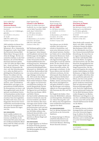 V&R unipress 13
Blindtext für den Rubrikentitel                                               Blindtext für den Rubrikentitel

                                                                                                                   DIE DRAMEN DES MALERS
WALTER MOERS                          RALF ROTHMANN                           UWE JOHNSON IN BRIEFEN               MAX BECKMANN


Gerrit Lembke (Hg.)                   Jürgen Egyptien (Hg.)                   Michael Hofmann /                    Sebastian Karnatz
Walter Moers’                         Literatur in der Moderne                Mirjam Springer (Hg.)                Eine Szene im Theater
Zamonien-Romane                       Jahrbuch der Walter-Hasenclever-        Johnson-Jahrbuch                     der Unendlichkeit
Vermessungen eines fiktionalen        Gesellschaft, hg. von Jürgen Egyptien   Bd. 16 / 2009                        Max Beckmanns Dramen und ihre
Kontinents                            und der Walter Hasenclever Gesell-      Ca. 160 Seiten, kartoniert           Bedeutung für seine Bildrhetorik
Ca. 300 Seiten mit 15 Abbildungen,    schaft, Band 7 (2010/2011)              ca. € 26,90 D / € 27,70 A /          Ca. 303 Seiten, gebunden
gebunden                              Ca. 240 Seiten, kartoniert              SFr 40,90                            ca. € 49,90 D / € 51,30 A /
ca. € 39,90 D / € 41,10 A /           ca. € 31,90 D / € 32,80 A /             im Abonnement: ca. € 24,90 D /       SFr 69,90
SFr 56,90                             SFr 46,50                               € 25,60 A / SFr 37,90                ISBN 978-3-89971-688-7
ISBN 978-3-89971-677-1                im Abonnement: ca. € 25,50 D /          ISBN 978-3-89971-678-8               Erscheint im Mai 2011
Erscheint im Januar 2011              € 26,30 A / SFr 38,50                   Erscheint im Januar 2011
                                      ISBN 978-3-89971-804-1                                                       Diese Studie stellt erstmals »Das
2009 entdeckte ein Berner Zoo-        Erscheint im Mai 2011                   Uwe Johnson war ein Briefe-          Hotel« und »Ebbi«, die beiden
loge in den Alpen eine neue                                                   schreiber. Doch selten nur           erhaltenen Dramen des Malers
Spinnenart, die er »Zamonische        Ralf Rothmann gehört zu den             schrieb er Persönliches, und         Max Beckmann (1884–1950),
Zwergspinne« taufte. Damit hielt      renommiertesten Erzählern               wenn seine Adressaten noch so        in den Mittelpunkt einer kunst-
das literarische Fantasy-Werk         der Gegenwart. Seine Romane             sehr darauf warteten. Stattdes-      bzw. literaturwissenschaftlichen
Walter Moers’ Einzug in die Re-       und Prosabände sind durch ihre          sen finden sich in vielen Briefen    Betrachtung. Der Autor liest sie
alität der Biologie. Die hier ver-    Schilderungen des Ruhrgebiets           literarische Miniaturen: Stadt-      in engem Zusammenhang mit
sammelten Aufsätze zu den fünf        und Berlins zu einem bedeu-             bilder, Impressionen, literari-      den höchst individuellen Bild-
Romanen, die auf dem fiktiven         tenden literarischen Archiv der         sche Figurenzeichnungen. Na-         welten des Malers. Es ergeben
Kontinent Zamonien spielen            bundesrepublikanischen Ent-             türlich gibt es auch die anderen     sich Querverweise, die weit über
(»Die 13½ Leben des Käpt’n Blau-      wicklung avanciert. Rothmanns           Briefe, die den schnell verletz-     klassische ikonographische bzw.
bär«, »Ensel und Krete«, »Rumo,       sensible Durchleuchtung der             baren Autor zeigen: Briefe, die      motivgeschichtliche Zusammen-
Die Stadt der Träumenden Bü-          proletarisch-kleinbürgerlichen          Distanz herstellen wollen, Ab-       hänge hinausreichen. Die Dra-
cher« und »Der Schrecksenmeis-        Lebenswelt im ›Kohlenpott‹ und          grenzungen vornehmen. In den         men sind Zeugnisse der entschei-
ter«), sollen das Werk auch in        der Berliner Nachwendezeit lebt         letzten Jahren sind viele Brief-     denden Umbruchphase im Werk
philologischen Disziplinen eta-       von seiner präzisen und an wit-         editionen erschienen, die den        Beckmanns zu Beginn der 1920er
blieren. Sie widmen sich den          zigen Dialogen reichen Spra-            Schwerpunkt dieses Bandes vor-       Jahre und geben Aufschluss über
Romanen, in denen Moers den           che. 2010 wurde ihm der Hasen-          geben: Johnsons Briefwechsel         sein spezifisches pikturales Ver-
Spagat zwischen guter Unterhal-       clever-Preis verliehen. Dieser          mit Walter Kempowski, Fritz J.       fahren, das hier in der paralle-
tung und intelligentem Erzählen       Band enthält Rothmanns Dank-            Raddatz, Günter und Anna Grass,      len Lektüre mit den Dramen als
meistert, unter verschiedenen         rede, ergänzt von literaturwis-         Max Frisch und Siegfried Un-         genuin modernes semiotisches
Blickwinkeln und zeigen so die        senschaftlichen Aufsätzen, die          seld geben Einblicke in schwie-      Spiel mit polyvalenten Signifi-
postmodernen Erzählverfahren,         sowohl übergreifende Themen             rige Beziehungen und entfalten       kantenzuordnungen gedeutet
die Konzeptionen von Autor- und       behandeln (Ästhetik, Religion,          zugleich ein literaturgeschichtli-   wird. Durch die vergleichende,
Herausgeberschaft sowie die Ad-       Tierfiguren) als auch Detailstu-        ches Panorama der 60er und 70er      kontextualisierende Analyse der
aptionen verschiedener Genres.        dien (etwa zum Roman »Milch             Jahre.                               für das Werk Beckmanns bedeu-
In Einzelanalysen werden ferner       und Kohle«) bieten.                     Ein Vergleich der beiden »Chro-      tenden Kategorien von Mythos,
individuelle Besonderheiten der       Der Band enthält außerdem kom-          nisten der Wirklichkeit« Johnson     Welttheater und Allegorie in sei-
einzelnen Texte hervorgehoben.        mentierte Erstdrucke eines Ha-          und Christoph Hein, Neulektüren      nen Text- und Bildwelt(en) ergibt
Das Werk stellt einen ersten um-      senclever-Gedichts und -Briefs          von »Heute Neunzig Jahr« und         sich eine neue Sicht auf das indi-
fangreichen Versuch der wissen-       sowie drei Aufsätze über Insze-         der »Skizze eines Verunglückten«     viduelle bildrhetorische Verfah-
schaftlichen Auseinandersetzung       nierungen seiner Stücke in Mei-         sowie ausführliche Rezensionen       ren des Malers.
mit einem der meistgelesenen          ningen, die Motivik seiner ex-          ergänzen den Band.
                                                                                                                   DER AUTOR
deutschen Autoren der Gegen-          pressionistischen Lyrik und sein
                                                                              DIE HERAUSGEBERiNNEN                 Dr. Sebastian Karnatz studierte
wart dar.                             Stück »Der Sohn«. Den allgemei-
                                                                              Prof. Dr. Michael Hofmann lehrt      Kunstgeschichte und Germanis-
                                      nen Teil bilden Aufsätze zum
DER HERAUSGEBER                                                               und forscht an der Universität       tik an der Universität Regens-
                                      Frühwerk Heinrich Bölls, zu Jo-
Gerrit Lembke studierte von                                                   Paderborn.                           burg. Er arbeitet für die Baye-
                                      hannes Bobrowski und zur Es-
2000 bis 2006 Neuere deutsche                                                                                      rische Schlösserverwaltung in
                                      sayistik von Werner Riegel und          Dr. Mirjam Springer ist Wissen-
Literatur und Medien an der                                                                                        München und ist Lehrbeauftrag-
                                      Peter Rühmkorf.                         schaftliche Mitarbeiterin am
Universität Kiel und ist dort seit-                                                                                ter an der Universität Regens-
                                                                              Germanistischen Institut der
her als Wissenschaftlicher Mitar-     DER HERAUSGEBER                                                              burg.
                                                                              Universität Münster, Abteilung
beiter (2007 bis 2008) und Lehr-      Dr. Jürgen Egyptien ist Professor
                                                                              Neuere deutsche Literatur.           Auch als E-Book erhältlich
beauftragter angestellt.              für Neuere deutsche Literatur-
                                      geschichte an der RWTH Aachen                                                ca. € 39,90 D
                                      und Mitherausgeber des Killy                                                 ISBN 978-3-86234-688-2
                                      Literaturlexikons.



www.vr-unipress.de
 