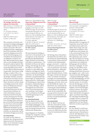 V&R unipress 17
Blindtext für den Rubrikentitel                                                Blindtext für den Rubrikentitel / Psychologie
                                                                                                       Medizin

BIBEL UND KORAN                        ISLAMISCHER                             IMAMAUSBILDUNG
IM UNTERRICHT                          RELIGIONSUNTERRICHT                     IN DEUTSCHLAND                          NAHOSTKONFLIKT


Frank van der Velden (Hg.)             Bülent Ucar / Danja Bergmann (Hg.)      Bülent Ucar (Hg.)                       Anas Nashef
Die Heiligen Schriften des             Islamischer Religionsunterricht         Imamausbildung                          Warum Krieg?
anderen im Unterricht                  in Deutschland                          in Deutschland                          Eine tiefenhermeneutisch-empirische
Bibel und Koran im christlichen und    Fachdidaktische Konzeptionen: Aus-      Islamische Theologie im europäischen    Untersuchung der intersubjektiven
islamischen Religionsunterricht ein-   gangslage, Erwartungen und Ziele        Kontext                                 Dynamik im Nahostkonflikt
setzen                                 Veröffentlichungen des Zentrums für     Veröffentlichungen des Zentrums für     Ca. 378 Seiten, gebunden
Ca. 250 Seiten, kartoniert             Interkulturelle Islamstudien der Uni-   Interkulturelle Islamstudien der Uni-   ca. € 49,90 D / € 51,30 A /
ca. € 31,90 D / € 32,80 A /            versität Osnabrück (ZIIS), hg. von      versität Osnabrück (ZIIS), hg. von      SFr 69,90
SFr 46,50                              Bülent Ucar, Martina Blasberg-Kuhnke,   Bülent Ucar, Martina Blasberg-Kuhnke,   ISBN 978-3-89971-683-2
ISBN 978-3-89971-630-6                 Michael Bommes, Rauf Ceylan und         Michael Bommes, Rauf Ceylan und         Erscheint im Januar 2011
Erscheint im März 2011                 Arnulf von Scheliha, Band 2.            Arnulf von Scheliha, Band 3.
                                       315 Seiten, gebunden                    420 Seiten mit 2 Abbildungen,           Wie erleben Betroffene den
Wie vermitteln christliche und         € 46,90 D / € 48,30 A / SFr 66,50       gebunden                                Nahostkonflikt? In insgesamt 18
muslimische Religionspädagogen         ISBN 978-3-89971-663-4                  € 53,90 D / € 55,50 A / SFr 76,50       Gesprächen mit je fünf Israelis
ihre Heiligen Schriften im schu-       Universitätsverlag Osnabrück            ISBN 978-3-89971-669-6                  und Palästinensern geht Anas
lischen Unterricht? Wie wird           bei V&R unipress                        Universitätsverlag Osnabrück            Nashef dieser Frage unter psy-
pädagogisch damit umgegangen,          Bereits erschienen                      bei V&R unipress                        chologischer Perspektive nach.
wenn im christlichen und im is-                                                Bereits erschienen                      Er gibt denen eine Stimme, die
lamischen Religionsunterricht          Mit dem Islamischen Religions-                                                  in der rational-politischen Frie-
bei der Schriftauslegung unter-        unterricht in Deutschland ist ein       Die Beiträge dieses Sammelban-          densdiskussion bisher nicht zu
schiedliche Verständnisweisen          im Gegensatz zu den historisch          des behandeln das äußerst aktu-         Wort gekommen sind, und be-
von Wahrheit vermittelt wer-           gewachsenen Nachbarfächern              elle Thema der Imamausbildung           legt, dass die Politik zur Lösung
den? Welche Rolle können dabei         junges Schulfach auf dem Weg,           in Deutschland. Dieses wird hin-        rationaler Konfliktherde an den
Texte aus den Heiligen Schriften       sich selbst zu positionieren – ein      sichtlich seiner Rahmenbedin-           individuellen wie kollektiven
des jeweils anderen spielen? Wie       Schulfach im Prozess der Selbst-        gungen untersucht – sowohl aus          Bedingungen der betroffenen
ist die im schulischen Unterricht      findung. Die Beiträge dieses Ban-       rechtlicher und historischer als        Menschen vorbeigeht. Es wird
notwendig differenzierte Sicht         des führen in das Thema ein,            auch aus politischer und soziolo-       gezeigt, wie Betroffene unter-
auf den eigenen Bekenntnisstand        vertiefen es und eröffnen Mög-          gischer Perspektive. Dabei geht         schiedlich mit lebens- und kol-
zu gewinnen, ohne diesen völlig        lichkeiten und Wege der Umset-          es um den europäischen Ver-             lektivgeschichtlichen Erinnerun-
infrage zu stellen? Gibt es An-        zung von islamischem Religions-         gleich (Beispiele Schweiz, Türkei,      gen umgehen und – selbst unter
sätze für eine dialogische Didak-      unterricht. Der Band behandelt          Norwegen und Bosnien-Herzego-           traumatisierenden Bedingungen
tik Heiliger Schriften zwischen        rechtliche und gesellschaftliche        wina), um Inhalte und Voraus-           – Kompromissbildungen finden,
Christentum und Islam? An Fra-         Erwartungen an islamischen Re-          setzungen der Imamausbildung,           die ihre Beschädigungen wie ihre
gen wie diesen entscheidet sich,       ligionsunterricht, Erfahrungen          hochschulcurriculare Rahmenbe-          weiterbestehenden Hoffnungen
ob der christliche und der islami-     im Schulalltag aus LehrerInnen-         dingungen und nicht zuletzt um          deutlich machen. Es wird klar,
sche Religionsunterricht metho-        Perspektive, Rahmenbedingun-            das Berufsbilds des Imams. Der          dass alle Bemühungen um Frie-
disch und didaktisch miteinan-         gen, Inhalte, Bildungs- und Er-         Band bietet eine umfassende Be-         den, die diese Bedingungen der
der im Gespräch bleiben.               ziehungsziele des Unterrichts           trachtung der Imamausbildung            Subjekte nicht berücksichtigen,
Dieser Band beleuchtet die her-        sowie Unterrichtsmaterialien            in Deutschland, die neugierig           scheitern müssen. Die Analyse
meneutischen Probleme zwi-             und -methoden. Auch Fragen              macht auf die tatsächliche Um-          verdeutlicht unterschiedliche
schen christlichem und mus-            nach verschiedenen Erziehungs-          setzung und die sich daraus erge-       Typen individueller Lösungsstra-
limischem Schriftverständnis           und Bildungskonzepten wird              benden wissenschaftlichen, po-          tegien und arbeitet Vorschläge
in ihren Konsequenzen für den          nachgegangen.                           litischen und gesellschaftlichen        für zukünftige Konfliktlösungs-
schulischen Religionsunterricht.                                               Entwicklungen.                          strategien heraus, in denen die
                                       DIE HERAUSGEBERiNNEN
Seine Beiträge liefern Erfahrun-                                                                                       Erinnerungen und Handlungs-
                                       Prof. Dr. Bülent Ucar hat seit          DER HERAUSGEBER
gen und Standortbestimmungen                                                                                           möglichkeiten der betroffenen
                                       2007 den Lehrstuhl für Islami-          Prof. Dr. Bülent Ucar hat seit
aus der Praxis und setzen päda-                                                                                        Menschen Anerkennung finden.
                                       sche Religionspädagogik an der          2007 den Lehrstuhl für Islami-
gogische, hermeneutische und
                                       Universität Osnabrück inne und          sche Religionspädagogik an der          DER AUTOR
didaktische Standards für eine
                                       leitet das dortige Zentrum für In-      Universität Osnabrück inne und          Dr. Anas Nashef ist stellvertre-
dialogische Vermittlung Heiliger
                                       terkulturelle Islamstudien.             ist dort seit 2008 Leiter des Zen-      tender Leiter des Autismus-The-
Schriften im islamischen und im
                                                                               trums für Interkulturelle Islam-        rapiezentrums in Bremerhaven
christlichen Religionsunterricht.      Danja Bergmann ist Projektbe-
                                                                               studien.                                und seit 2010 Mitarbeiter einer
                                       auftragte für Integration und Zu-
DER HERAUSGEBER                                                                                                        privaten Praxis für Kinder- und
                                       wanderung in der Konrad-Ade-
Dr. Frank van der Velden ist                                                                                           Jugendpsychiatrie.
                                       nauer-Stiftung.
Fachleiter des »Kooperativen Re-
ligionsunterrichts Christentum /                                                                                       Auch als E-Book erhältlich
Islam« an der Deutschen Evange-                                                                                        ca. € 39,90 D
lischen Oberschule Kairo.                                                                                              ISBN 978-3-86234-683-7



www.vr-unipress.de
 