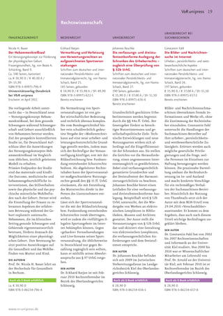 V&R unipress 19

                                       Rechtswissenschaft
                                                                                                                   URHEBERRECHT BEI
FRAUENGESUNDHEIT                       MEDIENRECHT                           URHEBERRECHT                          SUCHMASCHINEN

Nicola H. Bauer                        Eckhard Ratjen                        Johannes Reschke                      Constantin Fahl
Der Hebammenkreißsaal                  Vermarktung und Verletzung            Die verfassungs- und dreistu-         Die Bilder- und Nachrichten-
Ein Versorgungskonzept zur Förderung   von Verwertungsrechten an             fentestkonforme Auslegung der         suche im Internet
der physiologischen Geburt             aufgezeichneten Sportveran-           Schranken des Urheberrechts –         Urheber-, persönlichkeits- und wett-
Frauengesundheit, hg. von Beate A.     staltungen                            zugleich eine Überprüfung von         bewerbsrechtliche Aspekte
Schücking, Band 9.                     Schriften zum deutschen und inter-    § 52b UrhG                            Schriften zum deutschen und inter-
Ca. 340 Seiten, kartoniert             nationalen Persönlichkeits- und       Schriften zum deutschen und inter-    nationalen Persönlichkeits- und
ca. € 38,90 D / € 40,00 A /            Immaterialgüterrecht, hg. von Haimo   nationalen Persönlichkeits- und       Immaterialgüterrecht, hg. von Haimo
SFr 55,90                              Schack, Band 25.                      Immaterialgüterrecht, hg. von Haimo   Schack, Band 26.
ISBN 978-3-89971-796-9                 185 Seiten, gebunden                  Schack, Band 27.                      197 Seiten, gebunden
Universitätsverlag Osnabrück           € 34,90 D / € 35,90 A / SFr 49,90     190 Seiten, gebunden                  € 35,90 D / € 37,00 A / SFr 51,50
bei V&R unipress                       ISBN 978-3-89971-622-1                € 35,90 D / € 37,00 A / SFr 51,50     ISBN 978-3-89971-657-3
Erscheint im April 2011                Bereits erschienen                    ISBN 978-3-89971-656-6                Bereits erschienen
                                                                             Bereits erschienen
Die vorliegende Arbeit unter-          Die Vermarktung von Sport-                                                  Bilder- und Nachrichtensuchma-
sucht das – in Deutschland neue        veranstaltungen ist von gro-          Grundrechtlich geschützte Urhe-       schinen übernehmen fremde In-
– Versorgungskonzept Hebam-            ßer wirtschaftlicher Bedeutung        berinteressen werden begrenzt         formationen und Werke oft, ohne
menkreißsaal, bei dem gesunde          und rechtlich überaus komplex.        durch die §§ 44a ff. UrhG. Der        die Zustimmung der Rechteinha-
Schwangere während Schwanger-          Die vom Bundesgerichtshof bis-        Gesetzgeber fördert so berech-        ber einzuholen. Constantin Fahl
schaft und Geburt ausschließlich       her rein schuldrechtlich gedeu-       tigte Nutzerinteressen und ge-        untersucht die Handlungen der
von Hebammen betreut werden.           tete Vergabe der »Medienrechte«       sellschaftspolitische Ziele. Tech-    Suchmaschinen-Betreiber auf
Ziel der prospektiv kontrollierten     kann auf eine neue urheber- und       nische Entwicklungen und neue         ihre urheber-, persönlichkeits-
Studie ist, für Deutschland Auf-       leistungsschutzrechtliche Grund-      Nutzungsarten wirken sich al-         und wettbewerbsrechtliche Zu-
schluss über die Auswirkungen          lage gestellt werden, indem man       lerdings auf die Eingriffsintensi-    lässigkeit. Erörtert werden auch
des Versorgungskonzeptes Heb-          sich der Rechtsfigur der Voraus-      tät der Schranken aus. Sie stellen    mögliche gesetzliche Privile-
ammenkreißsaal im Vergleich            verfügung künftiger, erst mit der     die Gerichte vor die Herausforde-     gierungen und die Frage, wel-
zum üblichen, ärztlich geleiteten      Bildaufzeichnung bzw. Funksen-        rung, einen angemessenen Inter-       che Personen im Einzelnen zur
Modell zu erhalten.                    dung entstehender Schutzrechte        essenausgleich zu gewährleisten.      Haftung herangezogen werden
Primäre Endpunkte der Studie           bedient. Als abgeleiteter Rechte-     Dabei sind verfassungsrechtlich       können. Die praxisnahe Darstel-
sind das maternale und kindli-         inhaber kann der Sportveranstal-      garantierte Grundrechte und           lung umfasst die Rechtsdurch-
che Outcome, medizinische und          ter maßgeschneiderte Nutzungs-        der Dreistufentest der Harmoni-       setzung im In- und Ausland
hebammengeburtshilfliche In-           rechte gemäß den §§ 31 ff. UrhG       sierungsrichtlinie zu beachten.       und macht konkrete Vorschläge
terventionen, das Stillverhalten       einräumen, die mit Entstehung         Johannes Reschke bietet einen         für ein rechtmäßiges Verhal-
sowie das physische und das psy-       des Mutterrechts direkt in der        Leitfaden für eine verfassungs-       ten der Suchmaschinen-Betrei-
chische mütterliche Wohlbefin-         Person des Lizenznehmers ent-         und dreistufentestkonforme Aus-       ber. Hinsichtlich der Nutzung
den nach der Geburt. Ferner wird       stehen.                               legung. Beispielhaft wird § 52b       von Thumbnails setzt sich der
die Einstellung der Frauen zu re-      Lässt sich der Sportveranstal-        UrhG untersucht, der die Wie-         Autor mit dem BGH-Urteil vom
levanten Aspekten der erfahre-         ter die mit der Bildaufzeichnung      dergabe von Werken an elektro-        29.04.2010 »Vorschaubilder«
nen Betreuung während der Ge-          bzw. Funksendung entstehenden         nischen Leseplätzen in Biblio-        auseinander. Er kommt zu dem
burt explorativ untersucht.            Schutzrechte vorab übertragen,        theken, Museen und Archiven           Ergebnis, dass auch nach diesem
Hebammen, die im klinischen            wird er zudem die vielfältigen il-    gestattet. Der Autor stellt die       Urteil wichtige Rechtsfragen un-
Setting gesunde Schwangere und         legalen Sportangebote im Inter-       Voraussetzungen von § 52b UrhG        geklärt bleiben.
Gebärende eigenverantwortlich          net bekämpfen können. Gegen           dar und skizziert eine Gestaltung
                                                                                                                   DER AUTOR
betreuen, fördern demnach die          »gehackte« Fernsehsendungen           von elektronischen Leseplätzen,
                                                                                                                   Dr. Constantin Fahl hat von 2002
Möglichkeiten einer physiologi-        und Live-Streams seiner Sport-        die verfassungsrechtlichen An-
                                                                                                                   bis 2007 Rechtswissenschaften
schen Geburt. Ihre Betreuung be-       veranstaltung, die üblicherweise      forderungen und dem Dreistuf-
                                                                                                                   und Informatik an der Univer-
sitzt positive Auswirkungen auf        in Deutschland nur gegen Be-          entest entspricht.
                                                                                                                   sität Kiel studiert. Von 2008 bis
die Gesundheit und das Wohlbe-         zahlung zugänglich sein sollten,
                                                                             DER AUTOR                             2010 war er Wissenschaftlicher
finden von Mutter und Kind.            kann er mithilfe seines Abwehr-
                                                                             Dr. Johannes Reschke befindet         Mitarbeiter am Lehrstuhl von
                                       anspruchs aus § 97 UrhG vorge-
DIE AUTORIN                                                                  sich seit 2009 im Juristischen        Prof. Dr. Arnold an der Universi-
                                       hen.
Prof. Dr. Nicola H. Bauer lehrt an                                           Vorbereitungsdienst im Landge-        tät Kiel; seit Februar 2010 ist er
der Hochschule für Gesundheit          DER AUTOR                             richtsbezirk Kiel des Oberlandes-     Rechtsreferendar im Bezirk des
in Bochum.                             Dr. Eckhard Ratjen ist seit Feb-      gerichts Schleswig.                   Oberlandesgerichts Schleswig.
                                       ruar 2010 Rechtsreferendar im
Auch als E-Book erhältlich             Bezirk des Oberlandesgerichts         Auch als E-Book erhältlich            Auch als E-Book erhältlich
ca. € 30,90 D                          Schleswig.                            € 28,90 D                             € 28,90 D
ISBN 978-3-86234-796-4                                                       ISBN 978-3-86234-656-1                ISBN 978-3-86234-657-8




www.vr-unipress.de
 