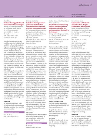 V&R unipress 21



                                                                                                                     RECHTSWISSENSCHAFT
VERSICHERUNG                           RUDOLF VON JHERING                    STRAFE IN DER FRÜHZEIT                  IM 20. JAHRHUNDERT

Albert Schug                           Christoph-Eric Mecke                  Stephan Meder / Alice Rössler (Hg.) /   Horst Heinrich Jakobs
Der Versicherungsgedanke und           Rudolf von Jhering. Anonym            Walter Koschorreck                      Gedenkreden auf Frederick
seine historischen Grundlagen          publizierte Frühschriften             Der Wolf. Eine Untersuchung             Alexander Mann, Brigitte
Beiträge zu Grundfragen des Rechts,    und unveröffentlichte Hand-           über die Vorstellungen vom              Knobbe-Keuk, Werner Flume
hg. von Stephan Meder, Band 6.         schriften aus seinem Nachlaß          Verbrecher und seiner Tat               Bonner Rechtswissenschaftliche
Ca. 443 Seiten, gebunden               Mit Textsynopsen, Erläuterungen und   sowie vom Wesen der Strafe in           Abhandlungen, hg. von Udo Di Fabio,
ca. € 57,90 D / € 59,60 A /            werkgeschichtlicher Einordnung        der Frühzeit                            Urs Kindhäuser und Wulf-Henning
SFr 81,90                              Beiträge zu Grundfragen des Rechts,   Beiträge zu Grundfragen des Rechts,     Roth, Band 8.
ISBN 978-3-89971-647-4                 hg. von Stephan Meder, Band 5.        hg. von Stephan Meder, Band 4.          Ca. 110 Seiten mit drei Abbildungen,
Erscheint im Januar 2011               281 Seiten, gebunden                  184 Seiten, gebunden                    gebunden
                                       € 43,90 D / € 45,20 A / SFr 62,50     € 37,90 D / € 39,00 A / SFr 53,90       ca. € 31,90 D / € 32,80 A /
Sinn der Versicherung ist, ge-         ISBN 978-3-89971-636-8                ISBN 978-3-89971-587-3                  SFr 46,50
schaffene Werte zu erhalten bzw.       Bereits erschienen                    Bereits erschienen                      ISBN 978-3-89971-682-5
mit Blick auf ein in der Zukunft                                                                                     Bonn University Press
liegendes Risiko die Versorgung        Rudolf von Jhering (1818–1892)        Walter Koschorreck beschreibt           bei V&R unipress
Dritter / Angehöriger zu gewähr-       ist einer der bekanntesten Ver-       sein Buch als Versuch, »die Er-         Erscheint im Januar 2011
leisten. Die Versicherung ist          treter der Pandektenwissen-           scheinungen des frühzeitlichen
eine Erfindung der Wirtschaft.         schaft im 19. Jahrhundert. Wie        Strafrechts von der Vorausset-          Dieser Band versammelt drei
Rechtswissenschaften, Mathema-         aber positionierte er sich in den     zung des mythischen Denkens             Reden, die 1992, 1996 und 2010
tik u. a. bilden den Rahmen, der       ersten zehn Jahren seines Schaf-      her zu deuten«. Ausgangspunkt           an der Rechts- und Staatswissen-
Geschäftspartnern die Sicherheit       fens in der zeitgenössischen          ist die mythische Figur des Wolfs       schaftlichen Fakultät der Uni-
gibt, ihre Ansprüche durchzu-          Diskussion über die Grundfra-         als Dämon des Totenreichs. Ihm          versität Bonn zum Gedenken
setzen, den Risikoeintritt einzu-      gen von Recht und Rechtswis-          wird der wölfisch-dämonische            an Frederick Alexander Mann,
schätzen und die dafür notwen-         senschaft? Neue Einblicke in das      Missetäter gleichgestellt. Seine        Brigitte Knobbe-Keuk und Wer-
dige Prämie festzusetzen. Was ist      Denken des jungen Jhering bie-        Unreinheit ist gleichbedeutend          ner Flume gehalten worden sind.
also der Kern des Versicherungs-       ten zwei Artikelfolgen, die 1843      mit seiner Schuld, auch bei Han-        Sie gewähren einen Einblick in
gedankens?                             und 1845/46 in der »Literari-         deln ohne Vorsatz und bei Fahr-         die Geschichte dieser Fakultät
Albert Schug arbeitet vier Merk-       schen Zeitung« anonym erschie-        lässigkeit. Motiv für die Reaktion      sowie – durch den Rang, der den
male von Versicherung heraus,          nen sind. Für diese wird im ers-      der Menschen gegen den Missetä-         drei Verstorbenen zukommt – in
wobei er die wirtschaftlichen          ten Teil dieses Bandes über eine      ter ist nicht Rache oder »Strafe«,      die Geschichte der Rechtswis-
und gesellschaftlichen Interessen      textsynoptische Sprach- und           sondern das Streben, ihn zur Ab-        senschaft im 20. Jahrhundert.
sowie die Grenzen der Versicher-       Inhaltsanalyse der annähernd          wehr magischer Gefahren aus             F. A. Mann, in der Bonner Fa-
barkeit unter rechtlichen und          sichere Nachweis der Verfasser-       der Gesellschaft zu entfernen.          kultät seit 1959 als Honorarpro-
tatsächlichen Gesichtspunkten          schaft Jherings erbracht. Der         Koschorreck hat ein geschlosse-         fessor tätig, ist nach seiner Emi-
berücksichtigt. Aufschluss gibt        zweite Teil enthält die Transkrip-    nes, vollständiges Deutungsmo-          gration 1933 aus Deutschland
auch die Suche nach den ältes-         tion von zwei Handschriften aus       dell zum Wolf vorgelegt. Von hier       namentlich durch seine geld-
ten Versicherungsformen und die        Jherings Nachlass: Dabei handelt      aus erschließt sich nicht nur die       rechtlichen Arbeiten unter den
Untersuchung der Versicherungs-        es sich um einen v. a. dem rö-        Bedeutung von Zentralbegrif-            englischen Juristen und welt-
merkmale in einzelnen Epochen.         mischen ius gentium geltenden         fen früher Rechtsordnungen wie          weit zu höchstem Ansehen ge-
Bedacht werden hierbei die un-         Abschnitt aus der Urfassung von       Steinigung oder Friedlosigkeit,         langt. B. Knobbe-Keuk hat wie
terschiedlichen wirtschaftlichen       Jherings späterem Hauptwerk           sondern auch von Grundfragen            nur wenige andere und wie keine
und rechtlichen Grundlagen der         »Geist des römischen Rechts auf       der Zurechnung oder der Legiti-         Frau vor oder nach ihr die Steu-
Gesellschaften.                        den verschiedenen Stufen seiner       mation von Todesstrafen.                errechtswissenschaft vorange-
                                       Entwicklung« sowie einen bis-                                                 bracht. Und die das antike römi-
DER AUTOR                                                                    DIE HERAUSGEBERiNNEN
                                       her als nicht auffindbar gelten-                                              sche Recht ergründende und das
Dr. Albert Schug ist seit 1985                                               Prof. Dr. Stephan Meder lehrt
                                       den Vortragsentwurf über den                                                  heutige Zivil-, Gesellschafts- und
für die Saarland-Versicherungen                                              an der Juristischen Fakultät der
                                       »Gegensatz der Rechtsbildung                                                  Steuerrecht gestaltende Arbeit
tätig. Zurzeit ist er dort Betriebs-                                         Universität Hannover.
                                       des Alterthums und der moder-                                                 ist es, durch die Werner Flume
ratsvorsitzender.
                                       nen Zeit«.                            Dr. phil. Alice Rössler war als         in der Rechtswissenschaft seine
Auch als E-Book erhältlich                                                   Bibliotheksdirektorin der Uni-          Zeitgenossen überragt.
                                       DER AUTOR
                                                                             versitätsbibliothek Erlangen-
ca. € 46,40 D                          Dr. Christoph-Eric Mecke ist Wis-                                             DER AUTOR
                                                                             Nürnberg tätig.
ISBN 978-3-86234-647-9                 senschaftlicher Mitarbeiter an                                                Prof. Dr. Horst Heinrich Jakobs
                                       der Juristischen Fakultät der         DER AUTOR                               ist 1963 in Bonn promoviert
                                       Universität Hannover.                 Dr. Walter Koschorreck (†) war          und 1968 habilitiert worden. Er
                                                                             u.a. als leitender Direktor der         lehrte Römisches und Bürgerli-
                                       Auch als E-Book erhältlich            Universitätsbibliothek Heidel-          ches Recht in Bochum und Bonn.
                                       € 38,40 D                             berg tätig.                             Seit 2000 ist er emeritiert.
                                       ISBN 978-3-86234-636-3



www.vr-unipress.de
 
