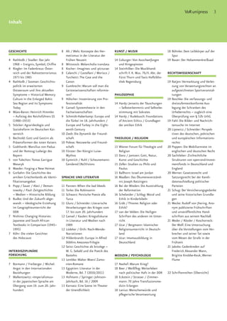 V&R unipress         3
Inhalt




GESCHICHTE                            8 Alt / Wels: Konzepte des Her-        KUNST / MUSIK                           18 Böhnke: Dem Leibkörper auf der
                                         metismus in der Literatur der                                                  Spur
4 Rathkolb / Stadler: Das Jahr           Frühen Neuzeit                      14 Coburger: Von Ausschweifungen        19 Bauer: Der Hebammenkreißsaal
  1968 – Ereignis, Symbol, Chiffre    8 Wittstock: Melancholia translata        und Hirngespinsten
4 Riegler: Im Fadenkreuz: Öster-      8 Kocher: ›Imagines‹ und ›picturae‹    14 Steinhilber: Die Musikhand-
  reich und der Nahostterrorismus     8 Calanchi / Castellani / Morisco /       schrift F. K. Mus. 76/II. Abt. der   RECHTSWISSENSCHAFT
  1973 bis 1985                          Turchetti: The Case and the            Fürst Thurn und Taxis Hofbiblio-
4 Rathkolb / Sooman: Geschichts-         Canon                                  thek Regensburg                      19 Ratjen: Vermarktung und Verlet-
  politik im erweiterten              9 Gumbrecht: Warum soll man die                                                   zung von Verwertungsrechten an
  Ostseeraum und ihre aktuellen          Geisteswissenschaften reformie-                                                aufgezeichneten Sportveranstal-
  Symptome – Historical Memory           ren?                                PHILOSOPHIE                                tungen
  Culture in the Enlarged Baltic      9 Hölscher: Inszenierung von Pro-                                              19 Reschke: Die verfassungs- und
  Sea Region and its Symptoms            fessionalität                       14 Hardy: Jenseits der Täuschungen         dreistufentestkonforme Aus-
  Today                               9 Gansel: Systemtheorie in den            – Selbsterkenntnis und Selbstbe-        legung der Schranken des
4 Mües-Baron: Heinrich Himmler           Fachwissenschaften                     stimmung mit Sokrates                   Urheberrechts – zugleich eine
  – Aufstieg des Reichsführers SS     9 Schmidt-Haberkamp: Europa und        14 Hardy / Rudebusch: Foundations          Überprüfung von § 52b UrhG
  (1900–1933)                            die Türkei im 18. Jahrhundert /        of Ancient Ethics / Grundlagen       19 Fahl: Die Bilder- und Nachrich-
5 Stöcker: Agrarideologie und            Europe and Turkey in the Eight-        der antiken Ethik                       tensuche im Internet
  Sozialreform im Deutschen Kai-         eenth Century                                                               20 Lipowicz / Schneider: Perspek-
  serreich                            10 Zeeb: Die Dynamik der Freund-                                                  tiven des deutschen, polnischen
5 Bechtold: Gott und Gestirn als         schaft                              THEOLOGIE / RELIGION                       und europäischen Informations-
  Präsenzformen des toten Kaisers     10 Polexe: Netzwerke und Freund-                                                  rechts
5 Godthardt: Marsilius von Padua         schaft                              15 Wiener Forum für Theologie und       20 Poppen: Die Mobiliarmiete im
  und der Romzug Ludwigs des          10 Förster: Der Königin Luise-            Religion                                englischen und deutschen Recht
  Bayern                                 Mythos                              15 Danz / Jantzen: Gott, Natur,         20 Sachtleber: Zivilrechtliche
5 von Tulechov: Tomas Garrigue        10 Gymnich / Ruhl / Scheunemann:          Kunst und Geschichte                    Strukturen von open-end-Invest-
  Masaryk                                Gendered (Re)Visions                15 Zeller: Studien zu Philo und            mentfonds in Deutschland und
6 Maeder: Forging a New Heimat                                                  Paulus                                  England
6 Gorbahn: Die Geschichte des                                                15 Ballhorn: Israel am Jordan           20 Werner: Gesetzesrecht und
  antiken Griechenlands als Identi-   SPRACHE UND LITERATUR                  16 Maaßen: Das Ökumeneverständ-            Satzungsrecht bei der Kandi-
  fikationsangebot                                                              nis Joseph Ratzingers                   datenaufstellung politischer
6 Popp / Sauer / Alavi / Deman-       11 Pannen: When the bad bleeds         16 Bei der Wieden: Die Ausstrahlung        Parteien
  towsky / Paul: Zeitgeschichte       11 Torke: Die Robinsonin                  der Reformation                      21 Schug: Der Versicherungsgedanke
  – Medien – Historische Bildung      11 Schwarz: Persische Poesie alla      16 Schelander / Schlag: Moral und          und seine historischen Grundla-
6 Budke: Und der Zukunft abge-           Turca                                  Ethik in Kinderbibeln                   gen
  wandt – Ideologische Erziehung      11 Glunz / Schneider: Literarische     16 Gräb / Thieme: Religion oder         21 Mecke: Rudolf von Jhering. Ano-
  im Geographieunterricht der            Verarbeitungen des Krieges vom         Ethik?                                  nym publizierte Frühschriften
  DDR                                    17. bis zum 20. Jahrhundert         17 van der Velden: Die Heiligen            und unveröffentlichte Hand-
7 Nishino: Changing Histories:        12 Gansel / Kaulen: Kriegsdiskurse        Schriften des anderen im Unter-         schriften aus seinem Nachlaß
  Japanese and South African             in Literatur und Medien nach           richt                                21 Meder / Rössler / Koschorreck:
  Textbooks in Comparison (1945–         1989                                17 Ucar / Bergmann: Islamischer            Der Wolf. Eine Untersuchung
  1995)                               12 Lüdeker / Orth: Nach-Wende-            Religionsunterricht in Deutsch-         über die Vorstellungen vom Ver-
7 Köhr: Die vielen Gesichter             Narrationen                            land                                    brecher und seiner Tat sowie
  des Holocaust                       12 Hildenbrandt: Europa in Alfred      17 Ucar: Imamausbildung in                 vom Wesen der Strafe in der
                                         Döblins Amazonas-Trilogie              Deutschland                             Frühzeit
                                      12 Seitz: Geschichte als bricolage –                                           21 Jakobs: Gedenkreden auf
INTERDISZIPLINÄRE                        W. G. Sebald und die Poetik des                                                Frederick Alexander Mann,
FORSCHUNG                                Bastelns                            MEDIZIN / PSYCHOLOGIE                      Brigitte Knobbe-Keuk, Werner
                                      13 Lembke: Walter Moers’ Zamo-                                                    Flume
7 Bormann / Freiberger / Michel:         nien-Romane                         17 Nashef: Warum Krieg?
  Angst in den Internationalen        13 Egyptien: Literatur in der          18 Beer / Weißflog: Weiterleben
  Beziehungen                            Moderne, Bd. 7 (2010/2011)             nach politischer Haft in der DDR     22 Schriftenreihen (Übersicht)
7 Wallentowitz: »Imperialismus«       13 Hofmann / Springer: Johnson-        18 Eckstein / Strasser / Zimmer-
  in der japanischen Sprache am          Jahrbuch, Bd. 16 / 2009                mann: 70 Jahre Transfusionsme-
  Übergang vom 19. zum 20. Jahr-      13 Karnatz: Eine Szene im Theater         dizin Erlangen
  hundert                                der Unendlichkeit                   18 Lanius: Menschenwürde und
                                                                                pflegerische Verantwortung
 