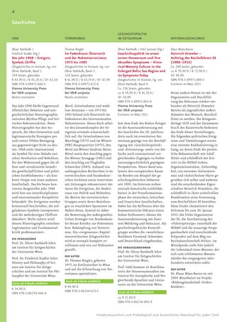 4
Geschichte

                                                                          GESCHICHTSPOLITIK
1968                                 TERRORISMUS                          IM OSTSEERAUM                         NATIONALSOZIALISMUS


Oliver Rathkolb /                    Thomas Riegler                       Oliver Rathkolb / Imbi Sooman (Hg.)   Klaus Mües-Baron
Friedrich Stadler (Hg.)              Im Fadenkreuz: Österreich            Geschichtspolitik im erwei-           Heinrich Himmler –
Das Jahr 1968 – Ereignis,            und der Nahostterrorismus            terten Ostseeraum und ihre            Aufstieg des Reichsführers SS
Symbol, Chiffre                      1973 bis 1985                        aktuellen Symptome – Histo-           (1900–1933)
Zeitgeschichte im Kontext, hg. von   Zeitgeschichte im Kontext, hg. von   rical Memory Culture in the           Ca. 588 Seiten, gebunden
Oliver Rathkolb, Band 1.             Oliver Rathkolb, Band 3.             Enlarged Baltic Sea Region and        ca. € 70,90 D / € 72,90 A /
294 Seiten, gebunden                 520 Seiten, gebunden                 its Symptoms Today                    SFr 99,90
€ 43,90 D / € 45,20 A / SFr 62,50    € 61,90 D / € 63,70 A / SFr 87,90    Zeitgeschichte im Kontext, hg. von    ISBN 978-3-89971-800-3
ISBN 978-3-89971-666-5               ISBN 978-3-89971-672-6               Oliver Rathkolb, Band 4.              Erscheint im März 2011
Vienna University Press              Vienna University Press              Ca. 236 Seiten, gebunden
bei V&R unipress                     bei V&R unipress                     ca. € 39,90 D / € 41,10 A /           Keine andere Person ist mit der
Bereits erschienen                   Bereits erschienen                   SFr 56,90                             Organisation und Durchfüh-
                                                                          ISBN 978-3-89971-803-4                rung des Holocaust stärker ver-
Das Jahr 1968 bleibt Gegenstand      Mord, Geiselnahmen und wahl-         Vienna University Press               bunden als Heinrich Himmler.
öffentlicher Debatten und zeit-      lose Attentate – von 1973 bis        bei V&R unipress                      Bereits als Jugendlicher äußert
geschichtlicher Historiographie      1985 befand sich Österreich im       Erscheint im März 2011                Himmler den Wunsch, Berufsof-
zwischen Mythos-Pflege und kri-      Fadenkreuz des internationalen                                             fizier zu werden. Die Kriegsnie-
tischer Rekonstruktion. Diese        Nahostterrors. Dieses Buch arbei-    Seit dem Ende des Kalten Krieges      derlage 1918 und der Zusammen-
Historiographie hat den An-          tet den Gesamtkomplex der Er-        ist die Auseinandersetzung mit        bruch des Kaiserreichs bedeuten
spruch, die 68er-Generation und      eignisse erstmals wissenschaft-      der Geschichte des 20. Jahrhun-       das Ende dieser Vorstellungen.
legitimatorische Strategien pro      lich auf: die Geiselnahmen von       derts auch im erweiterten Ost-        Die folgenden politischen Ereig-
und contra 1968er-Bewegung           Marchegg (1973) und im Wiener        seeraum geprägt von der Beschäf-      nisse und Umwälzungen setzen
aus gegenwärtiger Sicht zu deu-      OPEC-Hauptquartier (1975), den       tigung mit »Geschichtspolitik«        eine extreme Radikalisierung in
ten. 1968 steht international        Mord am Wiener Stadtrat Heinz        und »Erinnerung« sowie von der        Gang, an deren Ende die persön-
als Symbol für eine Dekade zwi-      Nittel sowie den Anschlag gegen      Suche nach transnational ver-         liche Bekanntschaft mit Adolf
schen Revolution und Rebellion,      die Wiener Synagoge (1981) und       gleichenden Zugängen zu bisher        Hitler und schließlich der Ein-
für den Widerstand gegen die of-     den Anschlag am Flughafen            nationalgeschichtlich geprägten       tritt in die NSDAP stehen.
fene und »strukturelle Gewalt«       Schwechat (1985). Anhand von         Perspektiven. Dieser Band ana-        Organisationstalent, Zielstrebig-
des gesellschaftlichen und politi-   umfangreichen Recherchen in ös-      lysiert den europäischen Raum         keit, ein extremer Antisemitis-
schen Establishments – als kon-      terreichischen und bundesdeut-       im Norden am Beispiel der ge-         mus und rücksichtslose Härte ge-
krete Utopie von einer anderen       schen Archiven sowie Interviews      schichtspolitischen Debatten          genüber sich selbst und anderen
Gesellschaft. Das bis heute kon-     mit Zeitzeugen rekonstruiert der     seit 1989. Im Zentrum stehen          sind die entscheidenden Eigen-
trovers dargestellte Jahr 1968       Autor die Ereignisse, die Reakti-    zentrale historische Leitbildde-      schaften Heinrich Himmlers, die
wird hier aus interdisziplinärer     onen von Politik und Behörden,       batten in der Transformations-        schließlich in ihrer unheilvollen
und internationaler Perspektive      die Motive der terroristischen       phase der estnischen, lettischen      Kombination seine Ernennung
behandelt: Die Ereignisse werden     Gruppen sowie deren Beziehun-        und litauischen Gesellschaften.       zum Reichsführer SS bewirken.
kontextuell beschrieben, die auf-    gen zu staatlichen Sponsoren im      Dabei hat die Reflexion über die      Diese Studie thematisiert den
geladenen Symbole interpretiert      Nahen Osten. Zentral ist dabei       kommunistische Diktatur einen         Zeitraum bis zum 30. Januar
und die mehrdeutigen Chiffren        die Bewertung der außergewöhn-       hohen Stellenwert; ebenso die         1933. Die frühe Organisation
dekodiert. Nicht zuletzt wird        lichen Strategie von Bundeskanz-     Auseinandersetzung mit Zwei-          der SS, die Durchsetzung des
dessen Historiographie zwischen      ler Bruno Kreisky zur Prävention     tem Weltkrieg und Holocaust. Als      »Führerprinzips« innerhalb der
Legitimation und Fundamental-        bzw. Bekämpfung von Terroris-        geschichtspolitische Kontroll-        NSDAP und die neuartige Propa-
kritik problematisiert.              mus. Ein »vergessenes« Kapitel       gruppe werden die »westlichen«        gandaarbeit sind entscheidende
                                     österreichischer Zeitgeschichte      Nachbarn Finnland, Schweden           Eckpunkte auf dem Weg zur
DIE HERAUSGEBER
                                     wird so erstmals komplett er-        und Deutschland eingebunden.          Reichskanzlerschaft Hitlers. Im
Prof. Dr. Oliver Rathkolb lehrt
                                     schlossen und neu zur Diskussion                                           Mittelpunkt steht hier jedoch
am Institut für Zeitgeschichte                                            DIE HERAUSGEBERiNNEN
                                     gestellt.                                                                  der Lebenslauf eines Mannes, der
der Universität Wien.                                                     Prof. Dr. Oliver Rathkolb lehrt
                                                                                                                sich zum schlimmsten Massen-
                                     DER AUTOR                            am Institut für Zeitgeschichte
Prof. Dr. Friedrich Stadler lehrt                                                                               mörder des vergangenen Jahr-
                                     Dr. Thomas Riegler, geboren          der Universität Wien.
History and Philosophy of Sci-                                                                                  hunderts entwickeln sollte.
                                     1977, ist Zeithistoriker in Wien
ence am Institut für Zeitge-                                              Prof. Imbi Sooman ist Koordina-
                                     und auf die Erforschung von Ter-                                           DER AUTOR
schichte und am Institut für Phi-                                         torin der Ostseeraumstudien am
                                     rorismus spezialisiert.                                                    Dr. Klaus Mües-Baron ist seit
losophie der Universität Wien.                                            Institut für Europäische und Ver-
                                                                                                                2009 Mitarbeiter im Projekt
                                     Auch als E-Book erhältlich           gleichende Sprachen und Litera-
Auch als E-Book erhältlich                                                                                      »Bildungslandschaft Uecker-
                                                                          turen an der Universität Wien.
                                     € 49,40 D                                                                  Randow«.
€ 34,90 D
                                     ISBN 978-3-86234-672-1                Auch als E-Book erhältlich
ISBN 978-3-86234-666-0
                                                                          ca. € 31,90 D
                                                                          ISBN 978-3-86234-803-9


                                                             Inhaltsverzeichnis und Probekapitel zum kostenfreien Download für jeden Titel:
 