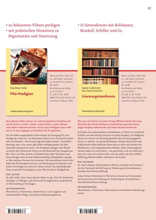 17


•		 u	bekannten	Filmen	predigen
  z                                                                         •		 1	Gottesdienste	mit	Kehlmann,	
                                                                              1
•		 it	praktischen	Hinweisen	zu	
  m                                                                           Mankell, Schiller und Co.
  Organisation und Umsetzung




                                              Dienst am Wort, Band 127.                                                 Dienst am Wort, Band 128.
                                              Ca. 160 Seiten, kartoniert                                                Ca. 128 Seiten, kartoniert
                                              ca. € 16,90 D / € 17,40 A /                                               ca. € 14,90 D / € 15,40 A /
                                              SFr 29,50                                                                 SFr 26,90
                                              Bei Abnahme der Reihe:                                                    Bei Abnahme der Reihe:
                                              ca. € 15,20 D /                                                           ca. € 13,40 D /
                                              € 15,70 A / SFr 26,90                                                     € 13,80 A / SFr 23,80
                                              ISBN 978-3-525-59536-7 (F)                                                ISBN 978-3-525-59535-0 (F)
                                              erscheint im Februar 2010                                                 erscheint im Februar 2010




Hans Martin Dober nimmt uns anhand populärer Kinofilme mit                  Wie man mit Texten von John Irving, Wilhelm Hauff, Henning
auf die Reise in andere Länder, andere Zeiten, andere Milieus               Mankell oder Daniel Kehlmann Gottesdienste gestalten kann,
und andere Lebenssituationen. Durch seine Predigten dazu eröff­             zeigen Stephan Goldschmidt und Inken Richter­Rethwisch.
net er 15 neue Zugänge zur Botschaft des Evangeliums.
                                                                            Es finden sich ausformulierte Gottesdienste zu Texten von Friedrich
Die von Dober ausgewählten Filme dienen als Anregung für eine               Schiller, aus dem kleinen Prinzen von Saint Exupéry, ein Bußgottes­
Predigt der neuen Art. An bekannten Filmen wie »A beautiful mind«,          dienst mit Texten von Henning Mankell oder ein Sonntagsgottes­
»Wie im Himmel«, »Die letzten Tage der Sophie Scholl«, »Good Will           dienst zu »Ruhm« von Daniel Kehlmann. Richter­Rethwisch und
Hunting« oder »Cast away« gibt Dober Predigtbeispiele, die jede             Goldschmidt stellen biblische Texte Seite an Seite mit Stücken der
Gemeinde interessieren kann. Die Predigten schlagen eine Brücke             Weltliteratur und zeitgenössischen Werken. Diese Literaturgottes­
zwischen den Themen der Filme und der Botschaft des Evangeliums.            dienste laden von zwei Seiten – von geistlicher und von weltlicher –
Mit »Vaya con Dios« spricht er beispielsweise über Versuchen und            dazu ein, stets neu wachzurufen, was das Leben mit Sinn erfüllt:
Versuchungen oder an dem Hollywooderfolg »Philadelphia« predigt             Hoffnung, Nächstenliebe, Lebenslust und Freude.
er über moderne Formen des Aussatzes. Die Gottesdienste sind in der
Reihe des Kirchenjahres sortiert, am Wochenspruch orientiert und
                                                                            die autoren
                                                                            Dr. theol. Stephan Goldschmidt ist Pfarrer in Kassel und Vorsitzen­
halten Vorschläge zur weiteren Lektüre bereit. Ein abschließender
                                                                            der des Vorstands der Stiftung zur Förderung des Gottesdienstes –
Essay entwickelt Grundzüge zu einer Theorie dieser Predigtform.
                                                                            Karl­Bernhard­Ritter­Stiftung.
der autor                                                                   Inken Richter­Rethwisch ist Pfarrerin in Kassel und Vorsitzende
Dr. phil. habil. theol. Hans Martin Dober ist apl. Prof. für Praktische
                                                                            des Kuratoriums der Stiftung zur Förderung des Gottesdienstes –
Theologie in Tübingen und Pfarrer der Evangelischen Landeskirche
                                                                            Karl­Bernhard­Ritter­Stifung.
in Württemberg in Tuttlingen.
interessenten                                                               interessenten
                                                                            PfarrerInnen, VikarInnen, DiakonInnen, Gottesdienstvorbereitungs­
PfarrerInnen, VikarInnen, DiakonInnen, in der Jugend­ und
                                                                            kreise.
Gemeindearbeit Tätige, Gottesdienstvorbereitungskreise.




ISBN 978-3-525-59536-7                                                      ISBN 978-3-525-59535-0



9   783525 595367                                                           9   783525 595350
 