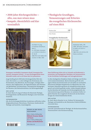 20 kirchengeschichte / kirchenrecht



   •		 000	Jahre	Kirchengeschichte	–	
     2                                                                        •		 heologische	Grundlagen,	
                                                                                T
     alles, was man wissen muss                                                 Voraussetzungen und Kriterien
   •		 ompakt,	übersichtlich	und	klar	
     k                                                                          des evangelischen Kirchenrechts
     verständlich                                                               auf einen Blick




                                                Von Martin H. Jung                                                       Bensheimer Hefte, 109.
                                                Grundwissen Christentum,                                                 2009. 309 Seiten, kartoniert
                                                Band 3.                                                                  € 19,90 D / € 20,50 A /
                                                Ca. 320 Seiten, kartoniert                                               SFr 34,50
                                                ca. € 27,90 D / € 28,70 A /                                              ISBN 978-3-525-87123-2 (F)
                                                SFr 46,70                                                                Bereits erschienen
                                                ISBN 978-3-525-56851-4 (F)
                                                erscheint im März 2010




   Konsequent verständlich, konsequent aktuell, konsequent öku­               Diese Einführung richtet sich an Lehrende und Studierende in
   menisch, konsequent kritisch – so muss Kirchengeschichte heute             juristischen und theologischen Fakultäten wie Verantwortliche
   behandelt werden und so will dieses Buch sie präsentieren.                 in den kirchlichen Verwaltungen und Leitungsfunktionen.
   Jungs	Streifzug	durch	2000	Jahre	Kirchengeschichte	führt	den	              In allen theologischen Disziplinen finden sich Bezüge zum Kirchen­
   Leser / die Leserin u. a. zu den Anfängen des Christentums, den            recht als Querschnittsthema. Martin Honecker greift die wich­
   Kirchenvätern, dem Mönchtum, den Kreuzzügen, wichtigen Refor­              tigsten Themen des Kirchenrechts auf und erklärt sie anschaulich.
   matoren, dem Anglikanismus, der Gegenreformation, dem Pietismus            PfarrerInnen bekleiden beispielsweise ein öffentliches Amt. Eine
   und Methodismus, Kirchenunionen, charismatischen Bewegungen,               bestimmte Lebensführung könnte als Amtspflichtsverletzung ein­
   der Ökumene, dem Nationalsozialismus, der Befreiungstheologie.             gestuft und rechtlich geahndet werden. Andere Beispiele kommen
                                                                              aus den Bereichen der Gemeinde, der Kirchenmitgliedschaft, der
   der autor                                                                  Lehrverantwortung und der Ökumene. An markanten Stellen ver­
   Dr. theol. Martin H. Jung ist Professor für Historische Theologie,
                                                                              gleicht Honecker das evangelische Kirchenrecht mit den Bestim­
   Kirchengeschichte und Ökumenische Theologie an der Universität
                                                                              mungen des römisch­katholischen Rechts.
   Osnabrück.
   interessenten                                                              der autor
                                                                              Dr. theol. Martin Honecker ist em. Professor für Systematische
  Alle, die ihr kirchengeschichtliches Grundwissen auffrischen wollen,
                                                                              Theologie und Sozialethik an der Rheinischen Friedrich­Wilhelms­
  ReligionslehrerInnen, PfarrerInnen, VikarInnen, Studierende der
                                                                              Universität Bonn.
  Theologie und Geschichte, Gemeindeglieder.
                                                                              interessenten
                                                                              Lehrende und Studierende der Theologie, der Rechtswissenschaften,
                                       bisher in der reihe                    Verantwortliche in der Kirchenverwaltung.
                                       erschienen:
                                       Band 1: Markus Mühling (Hg.)
                                       Biblische Personen damals
                                       und heute
                                       Band 2: Markus Mühling (Hg.)
                                       Kirchen und Konfessionen
   ISBN 978-3-525-56851-4                                                     ISBN 978-3-525-87123-2
                                       Siehe Seite: 46

   9   783525 568514                                                          9   783525 871232
 