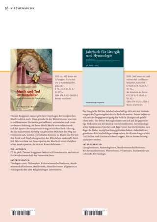 36 kirchenmusik




                                              2010. ca. 432 Seiten mit                                               2009. 246 Seiten mit zahl-
                                              31 farbigen, 7 s/w Abb.                                                reichen Abb. und Noten-
                                              und 2 Notenbeispielen,                                                 beispielen, kartoniert
                                              gebunden                                                               € 46,90 D / € 48,30 A /
                                              € 79,– D / € 81,30 A /                                                 SFr 76,–
                                              SFr 127,–                                                              Bei Abnahme der Reihe:
                                              ISBN 978-3-525-56800-2                                                 € 37,50 D / € 38,60 A /
                                              Bereits erschienen                                                     SFr 61,–
                                                                                                                     ISBN 978-3-525-57219-1
                                                                                                                     Bereits erschienen

                                                                          Der liturgische Teil des Jahrbuchs beschäftigt sich mit den Verände­
                                                                          rungen des Tagzeitengebets durch die Reformation. Ferner befasst er
  Therese Bruggisser­Lanker geht den Ursprüngen der europäischen
                                                                          sich mit der Vergegenwärtigung des Heils in Liturgie und geistli­
  Musiktradition nach. Diese gründet in der Weltsicht einer von Gott
                                                                          chem Spiel. Ein dritter Beitrag konzentriert sich auf die gegenwär­
  in vollkommener Harmonie geschaffenen, universalen und trans­
                                                                          tige Diskussion um die Qualität von Gottesdiensten. Im hymnologi­
  zendenten Ordnung, als deren Abbild Musik verstanden wurde.
                                                                          schen Teil kommen Epochen und Repertoires des Kirchenliedes zum
  Auf den Spuren der neuplatonisch­augustinischen Denkrichtung,
                                                                          Zuge, die bisher wenig Beachtung gefunden haben. Außerhalb des
  die im stufenweisen Aufstieg zur göttlichen Wahrheit den Weg zur
                                                                          gewohnten Kirchenlied­Repertoires stehen die »Praise­Songs« vieler
  Erkenntnis sah, werden symbolhafte Kontexte zu Musik und Tod mit
                                                                          Freikirchen und charismatischen Gruppen, die im letzten Beitrag
  den Denk­ und Empfindungswelten des Mittelalters verknüpft. Letzt­
                                                                          analysiert werden.
  lich führten diese zur Emanzipation der Musik als einer schöpferi­
  schen musica poetica, die sich als Kunst definierte.                    interessenten
                                                                          LiturgikerInnen, HymnologInnen, MusikwissenschaftlerInnen,
  die autorin                                                             KirchenmusikerInnen, PfarrerInnen, VikarInnen, Studierende und
  PD Dr. phil. Therese Bruggisser­Lanker ist Privatdozentin am Institut
                                                                          Lehrende der Theologie.
  für Musikwissenschaft der Universität Bern.
  interessenten
  TheologenInnen, Philosophen, KulturwissenschaftlerInnen, Musik­
  wissenschaftlerInnen, Mediävisten, HistorikerInnen, allgemein an
  Kulturgeschichte oder Religionsfragen Interessierte.




   ISBN 978-3-525-56800-2                                                 ISBN 978-3-525-57219-1



   9   783525 568002                                                      9   783525 572191
 