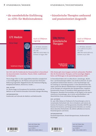 8 studienbuch / medizin                                                  studienbuch / psychotherapie



  • die unentbehrliche Einführung                                        • künstlerische Therapien umfassend
    zu »GTE« für Medizinstudenten                                          und praxisorientiert dargestellt




                                            Auch in UTB:forum                                                       Auch in UTB:forum
                                            angezeigt                                                               angezeigt

                                            ca. 120 Seiten, kartoniert                                              ca. 144 Seiten, kartoniert
                                            ca. € 9,90 D / € 10,20 A /                                              ca. € 12,90 D / € 13,30 A /
                                            SFr 17,90                                                               SFr 22,90
                                            ISBN 978-3-8252-3402-7 (L)                                              ISBN 978-3-8252-3397-6 (L)
                                            Erscheint im August 2010                                                Erscheint im Juni 2010




  Seit 2002 steht für Studierende der Humanmedizin in Deutschland        Silke Heimes gibt einen knappen und doch umfassenden Überblick
  das Querschnittsfach »Geschichte, Theorie, Ethik« verpflichtend        über die Künstlerischen Therapien und ihre jeweiligen Möglich-
  im Studienplan.                                                        keiten und Wirkungen in der psychotherapeutischen Arbeit.
  Florian Steger führt in zehn ausgewählten Bereichen exemplarisch       In Deutschland haben sich vor allem Kunst-, Gestaltungs-, Musik-,
  in das Studiengebiet ein. Die Themen sind nach ihrer klinischen        Tanz- und Dramatherapie etabliert, die sowohl im klinisch- als auch
  Bedeutung ausgewählt: Hipppokratischer Eid, Patientenverfügung,        im praktisch-medizinischen Kontext, in der Psychotherapie und
  Komplementärmedizin, Ressourcen, Gender ...                            im Coaching zur Anwendung kommen. In den Künstlerischen The-
                                                                         rapien nimmt der Mensch selbstbestimmt und eigenverantwortlich
  der autor                                                              an der Therapie teil und gestaltet den therapeutischen, respektive
  Dr. Florian Steger ist Privatdozent für Geschichte und Ethik der
                                                                         künstlerischen Prozess in interaktiver Weise gemeinsam mit dem
  Medizin an der Friedrich-Alexander-Universität Erlangen-Nürnberg.
                                                                         Therapeuten. Besonders hervorzuheben ist das Kapitel zu den praxis-
  interessenten                                                          orientierten Anwendungen, das in leicht nachvollziehbarer und
  Studierende und Lehrende der Medizin und Medizinethik.                 übersichtlicher Form verschiedene Settings dokumentiert.
                                                                         die autorin
                                                                         Dr. med. Silke Heimes ist Professorin für Kunsttherapie an der In-
                                                                         ternationalen Hochschule Calw. Sie ist Gründerin und Leiterin des
                                                                         Instituts für Kreatives und Therapeutisches Schreiben (IKUTS) und
                                                                         Dozentin für kreatives und therapeutisches Schreiben an verschie-
                                                                         denen deutschen Hochschulen. Sie arbeitet außerdem als Autorin,
                                                                         Poesietherapeutin und Ärztin.
                                                                         interessenten
                                                                         PsychotherapeutInnen, KreativtherapeutInnen, Studierende der
                                                                         Psychologie



                                     Auch als E-Book über                                                    Auch als E-Book über
                                     www.utb-shop.de                                                         www.utb-shop.de
                                     ca. € 7,90 D                                                            ca. € 9,90 D
                                     ISBN 978-3-8385-3402-2                                                  ISBN 978-3-8385-3397-1
 