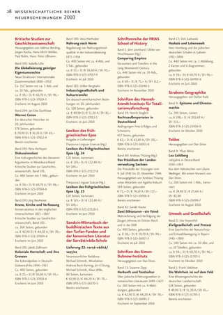 28 wissenschaftliche reihen
   neuerscheinungen 2010


  Kritische Studien zur                   Band 190: Vera Hierholzer              Schriftenreihe der FRIAS               Band 12: Dirk Sadowski
  Geschichtswissenschaft                  Nahrung nach Norm                      School of History                      Haskala und Lebenswelt
   Herausgegeben von Helmut Berding,      Regulierung von Nahrungsmittel-                                               Herz Homberg und die jüdischen
                                                                                 Band 1: Jörn Leonhard / Ulrike von
   Jürgen Kocka, Hans-Ulrich Wehler,      qualität in der Industrialisierung                                            deutschen Schulen in Galizien
                                                                                 Hirschhausen (Hg.)
   Paul Nolte, Hans- Peter Ullmann.       1871 –1914                                                                    1782 –1806
                                                                                 Comparing Empires
                                          Ca. 400 Seiten mit ca. 4 Abb. und                                             Ca. 440 Seiten mit ca. 1 Abbildung,
   Band 195: Isabella Löhr                                                       Encounters and Transfers in the
                                          5 Tab., gebunden                                                              2 Karten und 6 Diagrammen,
   Die Globalisierung geistiger                                                  Long Nineteenth Century
                                          ca. € 57,– D / € 58,60 A / SFr 93,–                                           gebunden
   Eigentumsrechte                                                               Ca. 448 Seiten mit ca. 19 Abb.,
                                          ISBN 978-3-525-37017-9                                                        ca. € 59,– D / € 60,70 A / SFr 96,–
  Neue Strukturen internationaler                                                gebunden
                                          Erscheint im Juli 2010                                                        ISBN 978-3-525-36990-6
  Zusammenarbeit 1886 –1952                                                      ca. € 69,– D / € 71,– A / SFr 112,–
                                                                                                                        Erscheint im Juni 2010
  Ca. 352 Seiten mit ca. 3 Abb. und       Band 182: Volker Berghahn              ISBN 978-3-525-31040-3
  ca. 10 Tab., gebunden                   Industriegesellschaft und              Erscheint im November 2010
                                                                                                                        Strabons Geographika
  ca. € 59,– D / € 60,70 A / SFr 96,–     Kulturtransfer                                                                Herausgegeben von Stefan Radt
  ISBN 978-3-525-37019-3                  Die deutsch-amerikanischen Bezie-      Schriften des Hannah-
  Erscheint im August 2010                hungen im 20. Jahrhundert              Arendt-Instituts für Totali-           Band 9: Epitome und Chresto-
                                          Ca. 328 Seiten, gebunden               tarismusforschung                      mathie
   Band 194: Jan Eike Dunkhase
                                          ca. € 49,90 D / € 51,30 A / SFr 81,–   Band 39: Henrik Steglich               Ca. 390 Seiten, Leinen
   Werner Conze
                                          ISBN 978-3-525-37013-1                 Rechtsaußenparteien in                 ca. € 198,– D / € 203,60 A /
  Ein deutscher Historiker im
                                          Erscheint im Juni 2010                 Deutschland                            SFr 315,–
  20. Jahrhundert
                                                                                 Bedingungen ihres Erfolges und         ISBN 978-3-525-25958-0
  378 Seiten, gebunden
  € 39,90 D / € 41,10 A / SFr 65,–
                                          Lexikon des früh-                      Scheiterns                             Erscheint im Oktober 2010
  ISBN 978-3-525-37012-4
                                          griechischen Epos                      457 Seiten, gebunden
  Bereits erschienen
                                          Ausgabe in Lieferungen                 € 62,– D / € 63,80 A / SFr 101,–       Toldot
                                          Thesaurus Linguae Graecae (Hg.)        ISBN 978-3-525-36915-9                 Herausgegeben von Dan Diner
   Band 193: Nina Verheyen                Lexikon des frühgriechischen           Bereits erschienen
                                                                                                                        Band 9: Yfaat Weiss
   Diskussionslust                        Epos Lfg. 24
                                                                                 Band 40: Andreas Thüsing (Hg.)         Lea Goldberg
  Eine Kulturgeschichte des »besseren     128 Seiten, kartoniert
                                                                                 Das Präsidium der Landes-              Lehrjahre in Deutschland
  Arguments« in Westdeutschland           ca. € 119,– D / € 122,40 A /
                                                                                 verwaltung Sachsen                     1930 –1933
  Kritische Studien zur Geschichts-       SFr 189,–
                                                                                 Die Protokolle der Sitzungen vom       Aus dem Hebräischen von Liliane
  wissenschaft, Band 193.                 ISBN 978-3-525-25527-8
                                                                                 9. Juli 1945 bis 10. Dezember 1946     Meilinger. Mit einem Vorwort von
  Ca. 400 Seiten mit 7 Abb., gebun-       Erscheint im Juni 2010
                                                                                 Herausgegeben von Andreas Thüsing      Dan Diner.
  den
                                          Thesaurus Linguae Gracae (Hg.)         unter Mitarbeit von Agatha Kobuch      Ca. 208 Seiten mit 1 Abb., karto-
  ca. € 59,– D / € 60,70 A / SFr 96,–
                                          Lexikon des frühgriechischen           584 Seiten, gebunden                   niert
  ISBN 978-3-525-37014-8
                                          Epos Lfg. 25                           € 72,– D / € 74,10 A / SFr 117,–       ca. € 24,90 D / € 25,60 A /
  Erscheint im Juni 2010
                                          120 Seiten, kartoniert                 ISBN 978-3-525-36916-6                 SFr 42,80
   Band 192: Jörg Neuheiser               ca. € 119,– D / € 122,40 A /           Bereits erschienen                     ISBN 978-3-525-35099-7
   Krone, Kirche und Verfassung           SFr 189,–                                                                     Erscheint im August 2010
                                                                                 Band 41: Gerald Hacke
   Konservatismus in den englischen       ISBN 978-3-525-25528-5
                                                                                 Zwei Diktaturen – ein Feind
   Unterschichten 1815 –1867              Erscheint im Juni 2010
                                                                                 Wahrnehmung und Verfolgung der
                                                                                                                        Umwelt und Gesellschaft
   Kritische Studien zur Geschichts-
                                                                                 Zeugen Jehovas im Dritten Reich        Band 2: Ute Hasenöhrl
   wissenschaft, Band 192.                Sanskrit-Wörterbuch der                und in der DDR                         Zivilgesellschaft und Protest
   ca. 368 Seiten, gebunden               buddhistischen Texte aus               Ca. 400 Seiten, gebunden               Eine Geschichte der Naturschutz-
   ca. € 42,90 D / € 44,20 A / SFr 70,–   den Turfan-Funden und                  ca. € 58,– D / € 59,70 A / SFr 94,–    und Umweltbewegung in Bayern
   ISBN 978-3-525-37009-4                 der kanonischen Literatur              ISBN 978-3-525-36917-3                 1945 –1980
   Erscheint im Juni 2010                 der Sarvastivada-Schule
                                                   ¯ ¯                           Erscheint im Juli 2010                 Ca. 540 Seiten mit ca. 50 Abb. und
   Band 191: Jakob Zollmann               Lieferung 22: varna -vadita/
                                                           ·¯ ¯ ¯                                                       ca. 10 Tabellen, gebunden
   Koloniale Herrschaft und ihre          ves tita
                                             ··                                  Schriften des Simon-                   ca. € 59,– D / € 60,70 A / SFr 96,–
   Grenzen                                Verantwortlicher Redaktor:             Dubnow-Instituts                       ISBN 978-3-525-31707-5
  Die Kolonialpolizei in Deutsch-         Michael Schmidt. Mitarbeiter:          Herausgegeben von Dan Diner.           Erscheint im Oktober 2010
  Südwestafrika 1894 –1915                Andreas Bock-Raming, Jin-il Chung,
                                                                                 Band 13: Susanne Zepp                  Band 1: Frank Uekötter
  Ca. 400 Seiten, gebunden                Michael Schmidt, Klaus Wille.
                                                                                 Herkunft und Textkultur                Die Wahrheit ist auf dem Feld
  ca. € 57,– D / € 58,60 A / SFr 93,–     80 Seiten, kartoniert
                                                                                 Über jüdische Erfahrungswelten in      Eine Wissensgeschichte der
  ISBN 978-3-525-37018-6                  € 42,90 D / € 44,20 A / SFr 70,–
                                                                                 romanischen Literaturen 1499 –1627     deutschen Landwirtschaft
  Erscheint im Juni 2010                  ISBN 978-3-525-26170-5
                                                                                 Ca. 260 Seiten mit ca. 4 Abbil-        524 Seiten, gebunden
                                          Bereits erschienen
                                                                                 dungen, gebunden                       € 49,90 D / € 51,30 A / SFr 81,–
                                                                                 ca. € 42,90 D / € 44,20 A / SFr 70,–   ISBN 978-3-525-31705-1
                                                                                 ISBN 978-3-525-36991-3                 Bereits erschienen
                                                                                 Erscheint im September 2010
 