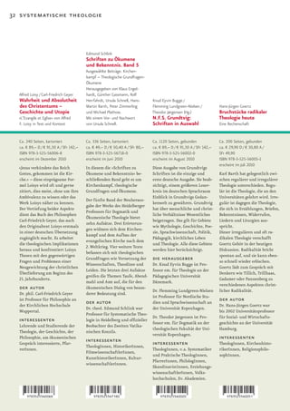 32 systematische theologie



                                         Edmund Schlink
                                         Schriften zu Ökumene
                                         und Bekenntnis. Band 5
                                         Ausgewählte Beiträge. Kirchen-
                                         kampf – Theologische Grundfragen-
                                         Ökumene
                                         Herausgegeben von Klaus Engel-
  Alfred Loisy / Carl-Friedrich Geyer    hardt, Günther Gassmann, Rolf
  Wahrheit und Absolutheit               Herrfahrdt, Ursula Schnell, Hans-     Knud Eyvin Bugge /
  des Christentums –                     Martin Barth, Peter Zimmerling        Flemming Lundgreen-Nielsen /           Hans-Jürgen Goertz
  Geschichte und Utopie                  und Michael Plathow.                  Theodor Jørgensen (Hg.)                Bruchstücke radikaler
  »L’Evangile et Eglise« von Alfred      Mit einem Vor- und Nachwort           N.F.S. Grundtvig:                      Theologie heute
  F. Loisy in Text und Kontext           von Ursula Schnell.                   Schriften in Auswahl                   Eine Rechenschaft


  Ca. 240 Seiten, kartoniert             Ca. 336 Seiten, kartoniert            Ca. 1120 Seiten, gebunden              Ca. 200 Seiten, gebunden
  ca. € 89,– D / € 91,50 A / SFr 142,–   ca. € 49,– D / € 50,40 A / SFr 80,–   ca. € 89,– D / € 91,50 A / SFr 142,–   ca. € 29,90 D / € 30,80 A /
  ISBN 978-3-525-56006-8                 ISBN 978-3-525-56718-0                ISBN 978-3-525-56002-0                 SFr 49,90
  erscheint im Dezember 2010             erscheint im Juni 2010                erscheint im August 2010               ISBN 978-3-525-56005-1
                                                                                                                      erscheint im Juli 2010
  »Jesus verkündete das Reich            In diesem die »Schriften zu           Diese Ausgabe von Grundtvigs
  Gottes, gekommen ist die Kir-          Ökumene und Bekenntnis« be-           Schriften ist die einzige und          Karl Barth hat gelegentlich zwi-
  che.« – diese einprägsame For-         schließenden Band geht es um          erste deutsche Ausgabe. Sie beab-      schen regulärer und irregulärer
  mel Loisys wird oft und gerne          Kirchenkampf, theologische            sichtigt, einem größeren Leser-        Theologie unterschieden. Regu-
  zitiert, dies meist, ohne um ihre      Grundfragen und Ökumene.              kreis im deutschen Sprachraum          lär ist die Theologie, die an den
  Ambivalenz zu wissen oder das                                                Einblick in Grundtvigs Gedan-          Universitäten gelehrt wird. Irre-
                                         Der fünfte Band der Neuheraus-
  Werk Loisys näher zu kennen.                                                 kenwelt zu gewähren. Grundtvig         gulär ist dagegen die Theologie,
                                         gabe der Werke des Heidelberger
  Der Vertiefung beider Aspekte                                                hat über menschliche und christ-       die sich in Erzählungen, Briefen,
                                         Professors für Dogmatik und
  dient das Buch des Philosophen                                               liche Verhältnisse Wesentliches        Bekenntnissen, Widerrufen,
                                         Ökumenische Theologie bietet
  Carl-Friedrich Geyer, das auch                                               beigetragen. Das gilt für Gebiete      Liedern und Liturgien aus-
                                         zehn Aufsätze. Drei Erörterun-
  den Originaltext Loisys erstmals                                             wie Mythologie, Geschichte, Poe-       spricht.
                                         gen widmen sich dem Kirchen-
  in einer deutschen Übersetzung                                               sie, Sprachwissenschaft, Politik,      Dieser irregulären und oft ra-
                                         kampf und dem Aufbau der
  zugänglich macht. Es arbeitet                                                Pädagogik, kirchliches Leben           dikalen Theologie verschafft
                                         evangelischen Kirche nach dem
  die theologischen Implikationen                                              und Theologie. Alle diese Gebiete      Goertz Gehör in der heutigen
                                         2. Weltkrieg. Vier weitere Texte
  heraus und konfrontiert Loisys                                               werden hier berücksichtigt.            Diskussion. Radikalität bricht
                                         befassen sich mit theologischen
  Thesen mit den gegenwärtigen                                                                                        spontan auf, und sie kann eben-
  Fragen und Problemen einer
                                         Grundfragen wie Vernetzung der        die herausgeber                        so schnell wieder erlöschen.
                                         Wissenschaften, Theodizee und         Dr. Knud Eyvin Bugge ist Pro-
  Neugewichtung der christlichen                                                                                      Goertz lädt zum Gespräch mit
                                         Leiden. Die letzten drei Aufsätze     fessor em. für Theologie an der
  Überlieferung am Beginn des                                                                                         Denkern wie Tillich, Trillhaas,
                                         greifen die Themen Taufe, Abend-      Pädagogischen Universität
  21. Jahrhunderts.                                                                                                   Gadamer oder Pannenberg zu
                                         mahl und Amt auf, die für den         Dänemark.
                                                                                                                      verschiedenen Aspekten christ-
  der autor                              ökumenischen Dialog von beson-
                                                                               Dr. Flemming Lundgreen-Nielsen         licher Radikalität.
  Dr. phil. Carl-Friedrich Geyer         derer Bedeutung sind.
                                                                               ist Professor für Nordische Stu-
  ist Professor für Philosophie an
                                         der autor                             dien und Sprachwissenschaft an
                                                                                                                      der autor
  der Kirchlichen Hochschule                                                                                          Dr. Hans-Jürgen Goertz war
                                         Dr. theol. Edmund Schlink war         der Universität Kopenhagen.
  Wuppertal.                                                                                                          bis 2002 Universitätsprofessor
                                         Professor für Systematische Theo-
                                                                               Dr. Theodor Jørgensen ist Pro-         für Sozial- und Wirtschafts-
  interessenten                          logie in Heidelberg und offizieller
                                                                               fessor em. für Dogmatik an der         geschichte an der Universität
  Lehrende und Studierende der           Beobachter des Zweiten Vatika-
                                                                               theologischen Fakultät der Uni-        Hamburg.
  Theologie, der Geschichte, der         nischen Konzils.
                                                                               versität Kopenhagen.
  Philosophie, am ökumenischen
                                         interessenten                                                                interessenten
  Gespräch interessierte, Pfar-
                                         TheologInnen, HistorikerInnen,
                                                                               interessenten                          TheologInnen, Kirchenhisto-
  rerInnen.                                                                    TheologInnen, v. a. Systematiker       rikerInnen, Religionsphilo-
                                         FilmwissenschaftlerInnen,
                                                                               und Praktische TheologInnen,           sophInnen.
                                         KunsthistorikerInnen, Kultur-
                                                                               PfarrerInnen, PhilologInnen,
                                         wissenschaftlerInnen.
                                                                               SkandinavistInnen, Erziehungs-
                                                                               wissenschaftlerInnen, Volks-
                                                                               hochschulen, Ev. Akademien.
 