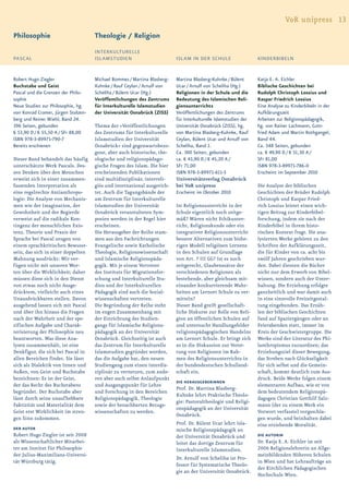 V&R unipress 13
Philosophie                          Theologie / Religion
                                     INTERKULTURELLE
PASCAL                               ISLAMSTUDIEN                         ISLAM IN DER SCHULE                    KINDERBIBELN


Robert Hugo Ziegler                  Michael Bommes / Martina Blasberg-   Martina Blasberg-Kuhnke / Bülent       Katja E. A. Eichler
Buchstabe und Geist                  Kuhnke / Rauf Ceylan / Arnulf von    Ucar / Arnulf von Scheliha (Hg.)       Biblische Geschichten bei
Pascal und die Grenzen der Philo-    Scheliha / Bülent Ucar (Hg.)         Religionen in der Schule und die       Rudolph Christoph Lossius und
sophie                               Veröffentlichungen des Zentrums      Bedeutung des Islamischen Reli-        Kaspar Friedrich Lossius
Neue Studien zur Philosophie, hg.    für Interkulturelle Islamstudien     gionsunterrichts                       Eine Analyse zu Kinderbibeln in der
von Konrad Cramer, Jürgen Stolzen-   der Universität Osnabrück (ZISS)     Veröffentlichungen des Zentrums        Aufklärungszeit
berg und Reiner Wiehl, Band 24.                                           für Interkulturelle Islamstudien der   Arbeiten zur Religionspädagogik,
396 Seiten, gebunden                 Thema der »Veröffentlichungen        Universität Osnabrück (ZISS), hg.      hg. von Rainer Lachmann, Gott-
€ 53,90 D / € 55,50 A / SFr 88,00    des Zentrums für Interkulturelle     von Martina Blasberg-Kuhnke, Rauf      fried Adam und Martin Rothgangel,
ISBN 978-3-89971-790-7               Islamstudien der Universität         Ceylan, Bülent Ucar und Arnulf von     Band 44.
Bereits erschienen                   Osnabrück« sind gegenwartsbezo-      Scheliha, Band 1.                      Ca. 348 Seiten, gebunden
                                     gene, aber auch historische, the-    Ca. 300 Seiten, gebunden               ca. € 49,90 D / € 51,30 A /
Dieser Band behandelt das häufig     ologische und religionspädago-       ca. € 43,90 D / € 45,20 A /            SFr 81,00
unterschätzte Werk Pascals. Des-     gische Fragen des Islam. Die hier    SFr 71,00                              ISBN 978-3-89971-786-0
sen Denken über den Menschen         erscheinenden Publikationen          ISBN 978-3-89971-611-5                 Erscheint im September 2010
erweist sich in einer zusammen-      sind multidisziplinär, interreli-    Universitätsverlag Osnabrück
fassenden Interpretation als         giös und international ausgerich-    bei V&R unipress                       Die Analyse der biblischen
eine regelrechte Antianthropo-       tet. Auch die Tagungsbände der       Erscheint im Oktober 2010              Geschichten der Brüder Rudolph
logie: Die Analyse von Mechanis-     am Zentrum für Interkulturelle                                              Christoph und Kaspar Fried-
men wie der Imagination, der         Islamstudien der Universität         Ist Religionsunterricht in der         rich Lossius leistet einen wich-
Gewohnheit und der Begierde          Osnabrück veranstalteten Sym-        Schule eigentlich noch zeitge-         tigen Beitrag zur Kinderbibel-
verweist auf die radikale Kon-       posien werden in der Regel hier      mäß? Wären nicht Ethikunter-           forschung, indem sie nach der
tingenz der menschlichen Exis-       erscheinen.                          richt, Religionskunde oder ein         Kinderbibel in ihrem histo-
tenz. Theorie und Praxis der         Die Herausgeber der Reihe stam-      integrativer Religionsunterricht       rischen Kontext fragt. Die ana-
Sprache bei Pascal zeugen von        men aus den Fachrichtungen           bessere Alternativen zum bishe-        lysierten Werke gehören zu den
einem sprachkritischen Bewusst-      Evangelische sowie Katholische       rigen Modell religiösen Lernens        Schriften der Aufklärungszeit,
sein, das sich in einer doppelten    Theologie, Religionswissenschaft     in den Schulen auf Grundlage           die für Kinder von ca. acht bis
Mahnung ausdrückt: Wir ver-          und Islamische Religionspäda-        von Art. 7 III GG? Ist es noch         zwölf Jahren geschrieben wur-
fügen nicht mit unseren Wor-         gogik. Mit je einem Vertreter        zeitgerecht, Glaubenssätze der         den. Dabei dienten die Bücher
ten über die Wirklichkeit; daher     des Instituts für Migrationsfor-     verschiedenen Religionen als           nicht nur dem Erwerb von Bibel-
müssen diese sich in den Dienst      schung und Interkulturelle Stu-      bestehende, aber gleichsam mit-        wissen, sondern auch der Unter-
von etwas noch nicht Ausge-          dien und der Interkulturellen        einander konkurrierende Wahr-          haltung. Die Erziehung erfolgte
drücktem, vielleicht auch eines      Pädagogik sind auch die Sozial-      heiten am Lernort Schule zu ver-       ganzheitlich und war damit auch
Unausdrückbaren stellen. Davon       wissenschaften vertreten.            mitteln?                               in eine sinnvolle Freizeitgestal-
ausgehend lassen sich mit Pascal     Die Begründung der Reihe steht       Dieser Band greift gesellschaft-       tung eingebunden. Das Erzäh-
und über ihn hinaus die Fragen       im engen Zusammenhang mit            liche Diskurse zur Rolle von Reli-     len der biblischen Geschichten
nach der Wahrheit und der spe-       der Einrichtung des Studien-         gion an öffentlichen Schulen auf       fand auf Spaziergängen oder an
zifischen Aufgabe und Charak-        gangs für Islamische Religions-      und untersucht Handlungsfelder         Feierabenden statt, immer im
terisierung der Philosophie neu      pädagogik an der Universität         religionspädagogischen Handelns        Kreis der Geschwistergruppe. Die
beantworten. Was diese Ana-          Osnabrück. Gleichzeitig ist auch     am Lernort Schule. Er bringt sich      Werke sind der Literatur des Phi-
lysen zusammenhält, ist eine         das Zentrum für Interkulturelle      so in die Diskussion zur Veror-        lanthropismus zuzuordnen; das
Denkfigur, die sich bei Pascal in    Islamstudien gegründet worden,       tung von Religionen im Rah-            Erziehungsziel dieser Bewegung,
allen Bereichen findet. Sie lässt    das die Aufgabe hat, den neuen       men des Religionsunterrichts in        das Streben nach Glückseligkeit
sich als Dialektik von Innen und     Studiengang zum einen interdis-      der bundesdeutschen Schulland-         für sich selbst und die Gemein-
Außen, von Geist und Buchstabe       ziplinär zu vernetzen, zum ande-     schaft ein.                            schaft, kommt deutlich zum Aus-
bezeichnen: Es ist der Geist,        ren aber auch selbst Anlaufpunkt                                            druck. Beide Werke folgen einem
                                                                          DIE HERAUSGEBERiNNEN
der das Recht des Buchstabens        und Ausgangspunkt für Lehre                                                 elementaren Aufbau, wie er von
                                                                          Prof. Dr. Martina Blasberg-
begründet. Der Buchstabe aber        und Forschung in den Bereichen                                              dem bedeutendem Religionspä-
                                                                          Kuhnke lehrt Praktische Theolo-
lässt durch seine unaufhebbare       Religionspädagogik, Theologie                                               dagogen Christian Gotthilf Salz-
                                                                          gie: Pastoraltheologie und Religi-
Faktizität und Materialität dem      sowie der benachbarten Bezugs-                                              mann (der zu einem Werk ein
                                                                          onspädagogik an der Universität
Geist erst Wirklichkeit im stren-    wissenschaften zu werden.                                                   Vorwort verfasste) vorgeschla-
                                                                          Osnabrück.
gen Sinn zukommen.                                                                                               gen wurde, und beinhalten dabei
                                                                          Prof. Dr. Bülent Ucar lehrt Isla-      eine erziehende Moralität.
DER AUTOR                                                                 mische Religionspädagogik an
Robert Hugo Ziegler ist seit 2008                                         der Universität Osnabrück und          DIE AUTORIN
als Wissenschaftlicher Mitarbei-                                          leitet das dortige Zentrum für         Dr. Katja E. A. Eichler ist seit
ter am Institut für Philosophie                                           Interkulturelle Islamstudien.          2006 Religionslehrerin an Allge-
der Julius-Maximilians-Universi-                                                                                 meinbildenden Höheren Schulen
                                                                          Dr. Arnulf von Scheliha ist Pro-
tät Würzburg tätig.                                                                                              in Wien und hat Lehraufträge an
                                                                          fessor für Systematische Theolo-
                                                                                                                 der Kirchlichen Pädagogischen
                                                                          gie an der Universität Osnabrück.
                                                                                                                 Hochschule Wien.
 