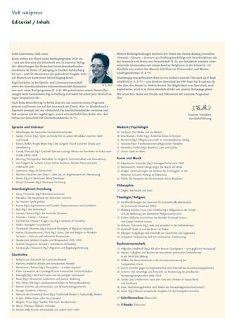 V&R unipress
Editorial / Inhalt




Liebe Leserinnen, liebe Leser,                                                           Weitere Reihengründungen möchten wir Ihnen mit diesem Katalog vorstellen:
heute stellen wir Ihnen unser Herbstprogramm 2010 vor                                    »Freunde – Gönner – Getreue« aus Freiburg beschäftigt sich interdisziplinär mit
– und mit ihm eine alte Zeitschrift neu in unserem Verlag:                               der Semantik und Praxis von Freundschaft (S. 5), aus Osnabrück kommen Inter-
Die »Mitteilungen des Deutschen Germanistenverbandes«                                    kulturelle Islamstudien mit einem Band zu Religionen in der Schule (S. 13).
erscheinen ab ihrem 57. Jahrgang in frischer Aufmachung                                  Ebenfalls neu starten die »Bonner Schriften zur Universitäts- und Wissen-
bei uns – und für Abonnenten der gedruckten Ausgabe steht                                schaftsgeschichte« (S. 8 / 9).
auf Wunsch ein kostenloser Online-Zugang bereit.                                         Unabhängig vom gedruckten Buch ist ein Großteil unserer Titel auch als E-Book
Rege Zuwächse in der Sprach- und Literaturwissenschaft                                   erhältlich (s. S. 17 f.) – zum direkten Download der PDF-Datei bei E-cademic.de
sowie der Interdisziplinären Geisteswissenschaft kennzeich-          © G. Wolf           oder über den Handel (s. Heftrückseite). Die Möglichkeit zum Download, auch
nen auch unser Buchprogramm (S. 1–6). Wir präsentieren unsere Neuerschei-                kapitelweise, wird es in Kürze ebenfalls direkt von unserer Homepage geben.
nungen beim Germanisten-Tag in Freiburg und laden Sie schon jetzt herzlich zu            Wir wünschen Ihnen viel Freude und Erkenntnis mit unserem Programm!
regen Gesprächen ein!                                                                    Ihre
Auch beim Historikertag in Berlin sind wir mit unserem neuen Programm
präsent und freuen uns auf den Austausch mit Ihnen. Hier ist Vandenhoeck &
Ruprecht erstmals mit der »Zeitschrift für Geschichtsdidaktik« vertreten und
V&R unipress mit der zugehörigen, neuen wissenschaftlichen Reihe, den »Bei-                                                                                Susanne Franzkeit
heften zur Zeitschrift für Geschichtsdidaktik« (S. 7).                                                                                                      Geschäftsführung

Sprache und Literatur                                                                    Medizin / Psychologie
1 Mitteilungen des Deutschen Germanistenverbandes                                        10   Forsbach: Die 1968er und die Medizin
1 Seeber / Coxon (Hg.): Spott und Verlachen im späten Mittelalter zwischen Spiel         10   Bruchhausen / Hofer (Hg.): Ärztliches Ethos im Kontext
  und Gewalt                                                                             11   Remmers (Hg.): Pflegewissenschaft im interdisziplinären Dialog
1 Baisch / Keller / Kragl / Meyer (Hg.): Der ›Jüngere Titurel‹ zwischen Didaxe und       11   Kreutzer (Hg.): Transformationen pflegerischen Handelns
  Verwilderung                                                                           11   Remmers / Kohlen (Hg.): Bioethics, Care and Gender
1 Gansel / Siwczyk (Hg.): Gotthold Ephraim Lessings ›Minna von Barnhelm‹ im Kulturraum   11   Storck: Spiel am Werk
  Schule (1830–1914)
2 Benning / Petropoulou: Mentalität im Vergleich: Sentimentalität und Sensualismus       Kunst und Musik
2 von Criegern de Guiñazú: Lárico, lúdico, lacónico: Floridor Pérez und seine            12 Papenbrock / Schneider (Hg.): Kunstgeschichte nach 1968
  chilenische Lyrik                                                                      12 Bettenworth / Höink / Berges (Hg.): Die Macht der Musik
2 Lodemann: Regie als Autorschaft                                                        12 Brieger: Untersuchungen zur Struktur der Erstsoggetti in den
2 Reichert: Zwischen den Zeilen – Über das Un-Angemessene der Übersetzung                   Motetten Giovanni Pierluigi da Palestrinas
3 Römer (Hg.): In Memoriam Alfred Ebenbauer                                              12 Höink: Die Rezeption der Kirchenmusik Anton Bruckners
3 Glunz / Schneider (Hg.): Remarque-Forschung
                                                                                         Philosophie
Interdisziplinäre Forschung                                                              13 Ziegler: Buchstabe und Geist
3 Glunz / Schneider (Hg.): Wahrheitsmaschinen
3 Nieradka: ›Die Hauptstadt der deutschen Literatur‹                                     Theologie / Religion
4 Ay: Nachts: Göthe gelesen                                                              13 Veröffentlichungen des Zentrums für Interkulturelle Islamstudien
4 Krause (Hg.): Expressionism and Gender / Expressionismus und Geschlecht                   der Universität Osnabrück (ZISS)
4 Beer (Hg.): Das Heimatbuch                                                             13 Blasberg-Kuhnke / Ucar / von Scheliha (Hg.): Religionen in der Schule
4 Laureys / Simons (Hg.): Die Kunst des Streitens                                           und die Bedeutung des Islamischen Religionsunterrichts
5 Freunde – Gönner – Getreue                                                             13 Eichler: Biblische Geschichten bei Rudolph Christoph Lossius
5 Descharmes / Heuser / Krüger / Loy (Hg.): Varieties of friendship                         und Kaspar Friedrich Lossius
5 Müller: Besiegelte Freundschaft                                                        14 Dahmen / Schnocks (Hg.): Juda und Jerusalem in der Seleukidenzeit
5 Thränhardt / Bommes (Hg.): National Paradigms of Migration Research                    14 Kuckhoff: Psalm 6 und die Bitten im Psalter
6 Hafner / Kroissenbrunner / Potz (Hg.): State, Law and Religion in Pluralistic          14 Biberger: Endgültiges Heil innerhalb von Geschichte und Gegenwart
  Societies – Austrian and Indonesian Perspectives                                       14 Schapdick: Eschatisches Heil mit eschatischer Anerkennung
6 Osnabrücker Jahrbuch Frieden und Wissenschaft XVII / 2010
6 Schmid: Integration als Ideal – Assimilation als Realität                              Rechtswissenschaft
6 Karakaşoğlu / Hiesserich (Hg.): Migration und Begabungsförderung                       15 Hillgruber / Waldhoff (Hg.): 60 Jahre Bonner Grundgesetz – eine geglückte Verfassung?
                                                                                         15 Heyder: Gültigkeit und Nutzen der besonderen juristischen Schlussformen
Geschichte                                                                                  in der Rechtsfortbildung
7    Beihefte zur Zeitschrift für Geschichtsdidaktik                                     15 Wallau: Die Menschenwürde in der Grundrechtsordnung der
7    Martens: Implizites Wissen und kompetentes Handeln                                     Europäischen Union
7    Rechenauer / Pothou (Hg.): Thucydides – a violent teacher?                          15 Kurth: Einreden gegen Grundpfandrechte beim Wechsel des Grundstückseigentümers
7    Kuhn: Generation als Grundbegriff einer historischen Geschichtskultur               16 Schmitz: Die Vorschläge und Entwürfe zur Realisierung des preußischen
8    Bratvogel (Hg.): Bernhard Copius und das Lemgoer Gymnasium                             Verfassungsversprechens 1806–1819
8    Maier (Hg.): Akustisches Gedächtnis und Zweiter Weltkrieg                           16 Sattler: Das Urheberrecht nach dem Tode des Urhebers in Deutschland
8    Ash / Niess / Pils (Hg.): Geisteswissenschaften im Nationalsozialismus                 und Frankreich
8    Bonner Schriften zur Universitäts- und Wissenschaftsgeschichte                      16 Raue: Nachahmungsfreiheit nach Ablauf des Immaterialgüterrechtsschutzes?
9    George: Studieren in Ruinen                                                         16 Löwer (Hg.): Neuere europäische Vorgaben für den Energiebinnenmarkt
9    Rektorat der Universität Bonn (Hg.): Traditionell Modern / Traditionally Modern
9    Gruber: Wilder Osten oder Herz Europas?                                             17 Schriftenreihen (Übersicht)
9    Bergien / Pröve (Hg.): Spießer, Patrioten, Revolutionäre
10   Micus: Tribunen, Solisten, Visionäre                                                18 E-Books (Übersicht)
10   Michel: Willy Brandts Amerikabild und -politik 1933–1992
 