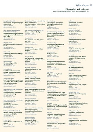 V&R unipress 19
                                                                                                                               E-Books bei V&R unipress
                                                                                                      als PDF-Download erhältlich unter: www.e-cademic.de




Ludwig David Eisenlöffel                   Claudia Glunz / Thomas F. Schneider (Hg.)   Frank Hirschinger                          Stefan Lang
Freikirchliche Pfingstbewegung in          Krieg und Literatur /                       Fälschung und Instrumenta-                 Spontaneität des Selbst
Deutschland                                War and Literature Vol. XIV, 2008           lisierung antifaschistischer               144 Seiten, € 27,90
444 Seiten, € 44,90                        179 Seiten, € 32,90                         Biographien                                ISBN 978-3-86234-101-6
ISBN 978-3-86234-024-8                     ISBN 978-3-86234-085-9                      175 Seiten, € 17,90
                                                                                       ISBN 978-3-86234-036-1                     Marc Laureys /
Heinz Fassmann / Wolfgang Müller-          Axel Goodbody / Berbeli Wanning (Hg.)                                                  Roswitha Simons (Hg.)
Funk / Heidemarie Uhl (Hg.)                Wasser – Kultur – Ökologie                  Dominik Höink / Jürgen Heidrich (Hg.)      Die Kunst des Streitens
Kulturen der Differenz – Transfor-         315 Seiten, € 35,90                         Gewalt – Bedrohung – Krieg:                441 Seiten, € 46,40
mationsprozesse in Zentraleuropa           ISBN 978-3-86234-048-4                      Georg Friedrich Händels Judas              ISBN 978-3-86234-096-5
nach 1989                                                                              Maccabaeus
421 Seiten, € 42,90                        Doris Göttlicher                            242 Seiten, € 31,90                        Henrik Lehment
ISBN 978-3-86234-076-7                     Auf der Suche nach dem gerech-              ISBN 978-3-86234-102-3                     Das Fotografieren von Kunst-
                                           ten Preis                                                                              gegenständen
Alexander Freund                           173 Seiten, € 21,40                         Yotam Hotam (Hg.)                          235 Seiten, € 31,00
Aufbrüche nach dem Zusammen-               ISBN 978-3-86234-004-0                      Deutsch-Jüdische Jugendliche               ISBN 978-3-86234-056-9
bruch                                                                                  im »Zeitalter der Jugend«
580 Seiten, € 23,90                        Constantin Grun                             276 Seiten, € 34,90                        Gerda Lier
ISBN 978-3-86234-001-9                     Arnold Schönberg und Richard                ISBN 978-3-86234-068-2                     Das Unsterblichkeitsproblem
                                           Wagner                                                                                 1.457 Seiten, € 126,00
Michael Fricke                             698 Seiten, € 60,90                         Bärbel Husmann                             ISBN 978-3-86234-105-4
›Schwierige‹ Bibeltexte im Religi-         ISBN 978-3-86234-023-1                      Das Eigene finden
onsunterricht                                                                          240 Seiten, € 35,90                        Reinhard Liess
616 Seiten, € 49,90                        Philip Haellmigk                            ISBN 978-3-89971-614-6                     Jan Vermeer van Delft, Pieter
ISBN 978-3-86234-015-6                     Die Leihe in der französischen,                                                        Bruegel d. Ä., Rogier van der
                                           englischen und deutschen Rechts-            Thomas Jacob                               Weyden
Katja Furthmann                            ordnung                                     Das Individuum im Spannungs-               156 Seiten, € 21,40
Die Sterne lügen nicht                     298 Seiten, € 34,90                         verhältnis von staatlicher                 ISBN 978-3-86234-009-5
546 Seiten, € 54,40                        ISBN 978-3-86234-076-7                      Souveränität und Internationali-
ISBN 978-3-86234-029-3                                                                 sierung                                    Reinhard Liess
                                           Michael H. Hagemann                         259 Seiten, € 31,90                        Im Spiegel der »Meninas«
Matthew Gardner                            »Grauer Kapitalmarkt« und                   ISBN 978-3-86234-089-7                     118 Seiten, € 17,90
Handel and Maurice Greene’s                Strafrecht                                                                             ISBN 978-3-86234-000-2
Circle at the Apollo Academy               672 Seiten, € 60,90                         Peter Kaiser
341 Seiten, € 39,90                        ISBN 978-3-86234-018-7                      Religion in der Psychiatrie                Elmar Loer
ISBN 978-3-89971-661-0                                                                 678 Seiten, € 60,90                        Public Private Partnership und
                                           Peter Hauptmann (Hg.)                       ISBN 978-3-86234-045-3                     Public Public Partnership
Theresia Anna Gelberg                      Johann Gottfried Scheibel.                                                             340 Seiten, € 35,90
Das Parteiverbotsverfahren nach            Vom innersten Wesen des                     Jessica Kakies                             ISBN 978-3-86234-051-4
Art. 21 Abs. 2 GG am Beispiel des          Christentums                                Der rechtliche Schutz von prägen-
NPD-Verbotsverfahrens                      531 Seiten, € 50,40                         den Stilelementen der bildenden            Wolfgang Löwer (Hg.)
312 Seiten, € 30,90                        ISBN 978-3-89971-670-2                      Kunst                                      Bonner Gespräch zum Energie-
ISBN 978-3-86234-084-2                                                                 175 Seiten, € 25,90                        recht
                                           Susanne Hausammann                          ISBN 978-3-86234-080-4                     83 Seiten, € 14,90
Peter Gemeinhardt / Karl Pinggéra (Hg.)    Wege und Irrwege zur kirchlichen                                                       ISBN 978-3-86234-034-7
Wolfgang A. Bienert                        Einheit im Licht der orthodoxen             Stefan Hans Kettler
Kirchengeschichte in ökumeni-              Tradition                                   Eigentumsvorbehalt und Siche-              Wolfgang Löwer (Hg.)
scher Verantwortung                        209 Seiten, € 30,90                         rungsübereignung an beweglichen            Wettbewerb und Versorgungs-
415 Seiten, € 42,90                        ISBN 978-3-86234-022-4                      Sachen im Recht der Russischen             sicherheit
ISBN 978-3-86234-087-3                                                                 Föderation                                 106 Seiten, € 14,90
                                           Susanne Hausammann                          744 Seite, € 60,90                         ISBN 978-3-86234-046-0
Georg-Eckert-Institut für internationale   Von Gott reden, heißt:                      ISBN 978-3-89971-595-8
Schulbuchforschung (Hg.)                   in Bildern reden                                                                       Wolfgang Löwer (Hg.)
Grenzgänger /                              133 Seiten, € 26,90                         Oliver Kliss                               Neue rechtliche Herausforderun-
Transcending Boundaries                    ISBN 978-3-86234-035-4                      Das Spiel als bildungstheoretische         gen für den Strommarkt
424 Seiten, € 36,90                                                                    Dimension der Religionspädagogik           133 Seiten, € 15,10
ISBN 978-3-86234-074-3                     Sabine Heiser / Christiane Holm (Hg.)       420 Seiten, € 43,00                        ISBN 978-3-89971-674-0
                                           Gedächtnisparagone –                        ISBN 978-3-89971-649-8
Paul Geyer / Kerstin Thorwarth (Hg.)       Intermediale Konstellationen                                                           Wolfgang Löwer (Hg.)
Petrarca und die Herausbildung             312 Seiten, € 37,40                         Philip Koch                                Vielfalt des Energierechts
des modernen Subjekts                      ISBN 978-3-86234-067-5                      Ermittlung und Verfolgung von              82 Seiten, € 14,90
259 Seiten, € 37,50                                                                    strafbarem Insiderhandel                   ISBN 978-3-86234-072-9
ISBN 978-3-89971-639-9                     Þorsteinn Helgason /                        183 Seiten, 30,90 Seiten
                                           Simone Lässig (Hg.)                         ISBN 978-3-86234-019-4                     Stefan Lüddemann
Christof Ginzel                            Opening the Mind                                                                       Bilderwelten einer Jahrhundert-
Poetry, Politics and Promises of           or Drawing Boundaries?                      Susanne Kreutzer (Hg.)                     wende
Empire                                     283 Seiten, € 27,90                         Transformationen pflegerischen             294 Seiten, € 35,90
389 Seiten, € 43,00                        ISBN 978-3-86234-061-3                      Handelns                                   ISBN 978-3-86234-026-2
ISBN 978-3-89971-680-1                                                                 234 Seiten, € 31,90
                                                                                       ISBN 978-3-86234-094-1
 