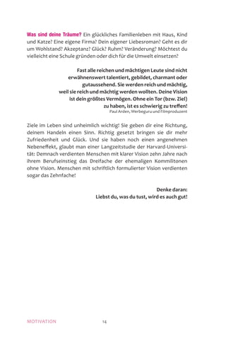 MOTIVATION 14
Was sind deine Träume? Ein glückliches Familienleben mit Haus, Kind
und Katze? Eine eigene Firma? Dein eigener Liebesroman? Geht es dir
um Wohlstand? Akzeptanz? Glück? Ruhm? Veränderung? Möchtest du
vielleicht eine Schule gründen oder dich für die Umwelt einsetzen?
Fast alle reichen und mächtigen Leute sind nicht
er­wähnens­wert talentiert, gebildet, charmant oder
gutaussehend. Sie werden reich und mächtig,
weil sie reich und mächtig werden wollten. Deine Vision
ist dein größtes Vermögen. Ohne ein Tor (bzw. Ziel)
zu haben, ist es schwierig zu treffen!
Paul Arden, Werbeguru und Filmproduzent
Ziele im Leben sind unheimlich wichtig! Sie geben dir eine Richtung,
deinem Handeln einen Sinn. Richtig gesetzt bringen sie dir mehr
Zufriedenheit und Glück. Und sie haben noch einen angenehmen
Nebeneffekt, glaubt man einer Langzeitstudie der Harvard-Universi-
tät: Demnach verdienten Menschen mit klarer Vision zehn Jahre nach
ihrem Berufseinstieg das Dreifache der ehemaligen Kommilitonen
ohne Vision. Menschen mit schriftlich formulierter Vision verdienten
sogar das Zehnfache!
Denke daran:
Liebst du, was du tust, wird es auch gut!
 