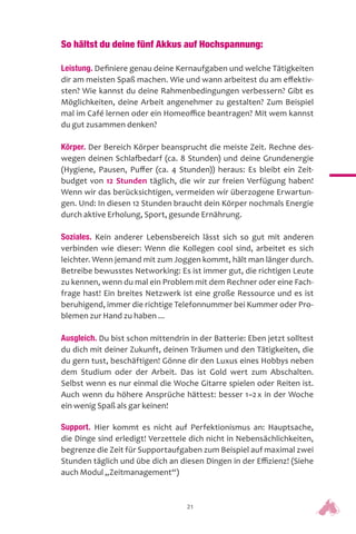 21
So hältst du deine fünf Akkus auf Hochspannung:
Leistung. Definiere genau deine Kernaufgaben und welche Tätigkeiten
dir am meisten Spaß machen. Wie und wann arbeitest du am effektiv-
sten? Wie kannst du deine Rahmenbedingungen verbessern? Gibt es
Möglichkeiten, deine Arbeit angenehmer zu gestalten? Zum Beispiel
mal im Café lernen oder ein Homeoffice beantragen? Mit wem kannst
du gut zusammen denken?
Körper. Der Bereich Körper beansprucht die meiste Zeit. Rechne des-
wegen deinen Schlafbedarf (ca. 8 Stunden) und deine Grundenergie
(Hygiene, Pausen, Puffer (ca. 4 Stunden)) heraus: Es bleibt ein Zeit-
budget von 12 Stunden täglich, die wir zur freien Verfügung haben!
Wenn wir das berücksichtigen, vermeiden wir überzogene Erwartun-
gen. Und: In diesen 12 Stunden braucht dein Körper nochmals Energie
durch aktive Erholung, Sport, gesunde Ernährung.
Soziales. Kein anderer Lebensbereich lässt sich so gut mit anderen
verbinden wie dieser: Wenn die Kollegen cool sind, arbeitet es sich
leichter. Wenn jemand mit zum Joggen kommt, hält man länger durch.
Betreibe bewusstes Networking: Es ist immer gut, die richtigen Leute
zu kennen, wenn du mal ein Problem mit dem Rechner oder eine Fach-
frage hast! Ein breites Netzwerk ist eine große Ressource und es ist
beruhigend, immer die richtige Telefonnummer bei Kummer oder Pro-
blemen zur Hand zu haben ...
Ausgleich. Du bist schon mittendrin in der Batterie: Eben jetzt solltest
du dich mit deiner Zukunft, deinen Träumen und den Tätigkeiten, die
du gern tust, beschäftigen! Gönne dir den Luxus eines Hobbys neben
dem Studium oder der Arbeit. Das ist Gold wert zum Abschalten.
Selbst wenn es nur einmal die Woche Gitarre spielen oder Reiten ist.
Auch wenn du höhere Ansprüche hättest: besser 1–2x in der Woche
ein wenig Spaß als gar keinen!
Support. Hier kommt es nicht auf Perfektionismus an: Hauptsache,
die Dinge sind erledigt! Verzettele dich nicht in Nebensächlichkeiten,
begrenze die Zeit für Supportaufgaben zum Beispiel auf maximal zwei
Stunden täglich und übe dich an diesen Dingen in der Effizienz! (Siehe
auch Modul „Zeitmanagement“)
 